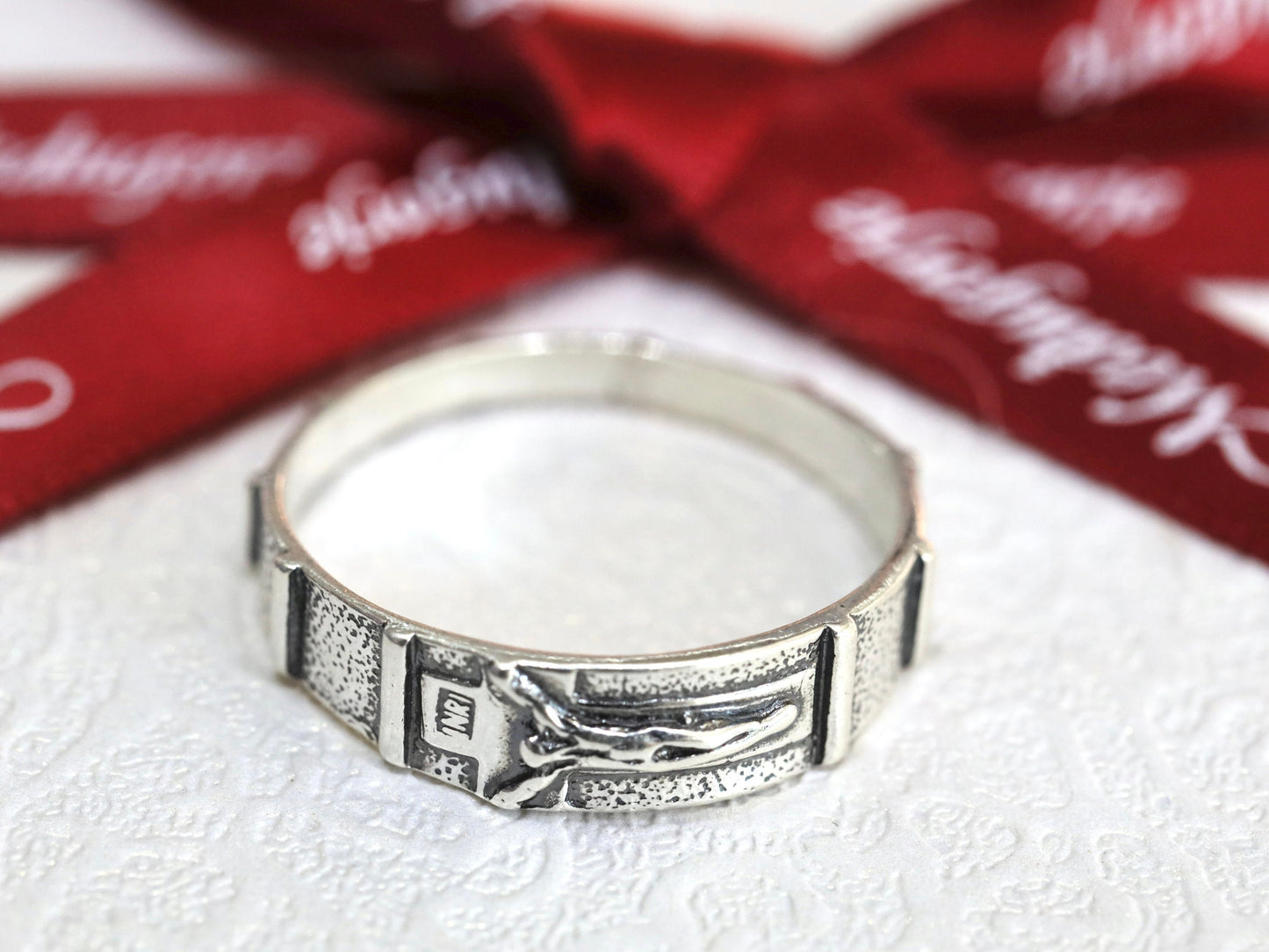 Anillo de rosario, anillo de rosario vintage con crucifijo, rosario antiguo de plata de ley 925, anillo de crucifijo, anillo de rosario de una década, anillo de oración católica