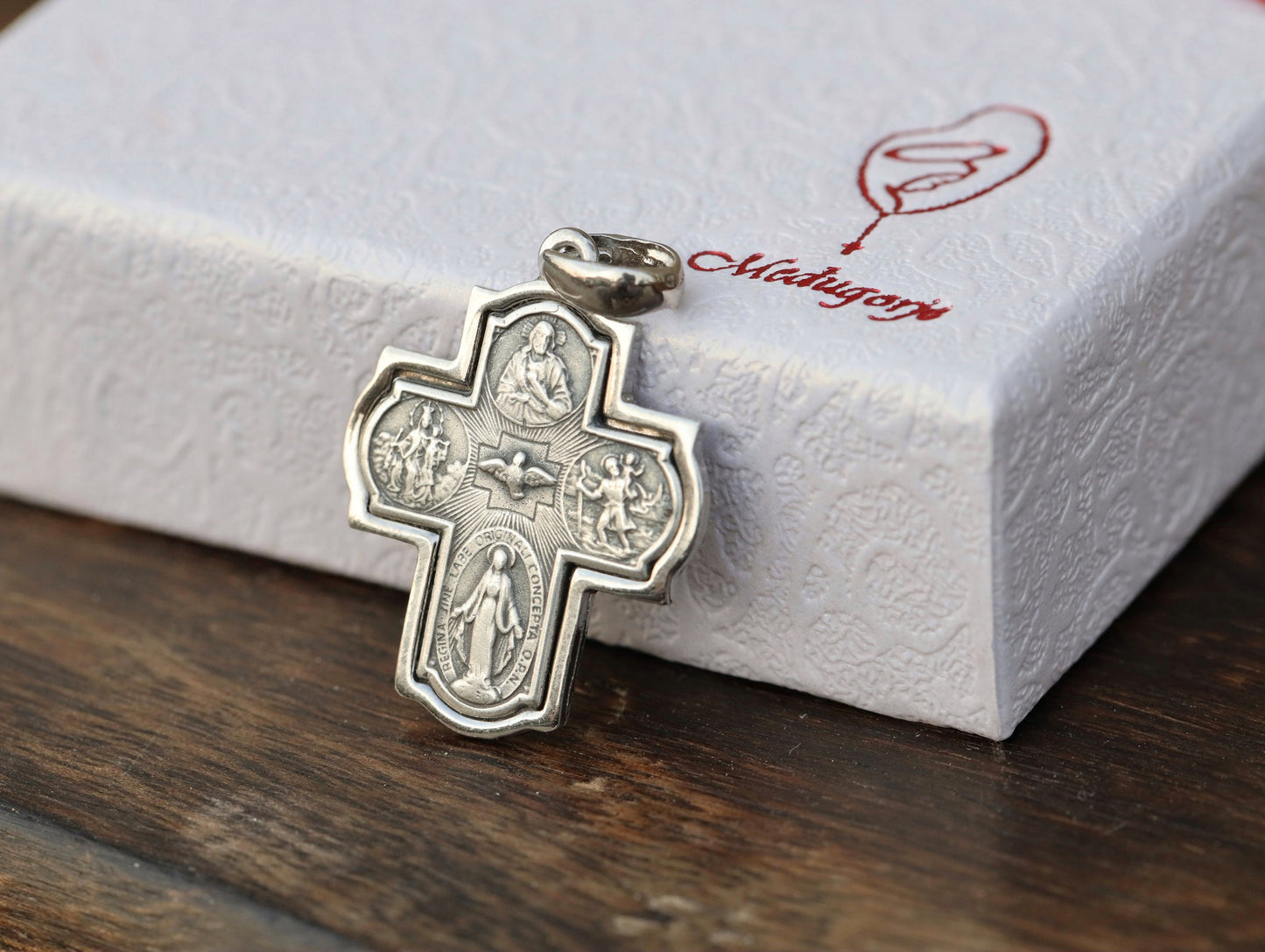Vier-Wege-Kreuz, Fünf-Wege-Kreuz, Sterlingsilber, 925er Sterlingsilberkreuz, Kreuz mit verängstigtem Herzen, Heiligem Geist, Jungfrau Maria, St. Christophorus