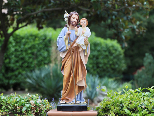 Estatua de San José, San José con el Niño Jesús, estatua del altar del hogar, estatua católica devocional, estatua del jardín, estatua de 31 pulgadas, polvo de mármol