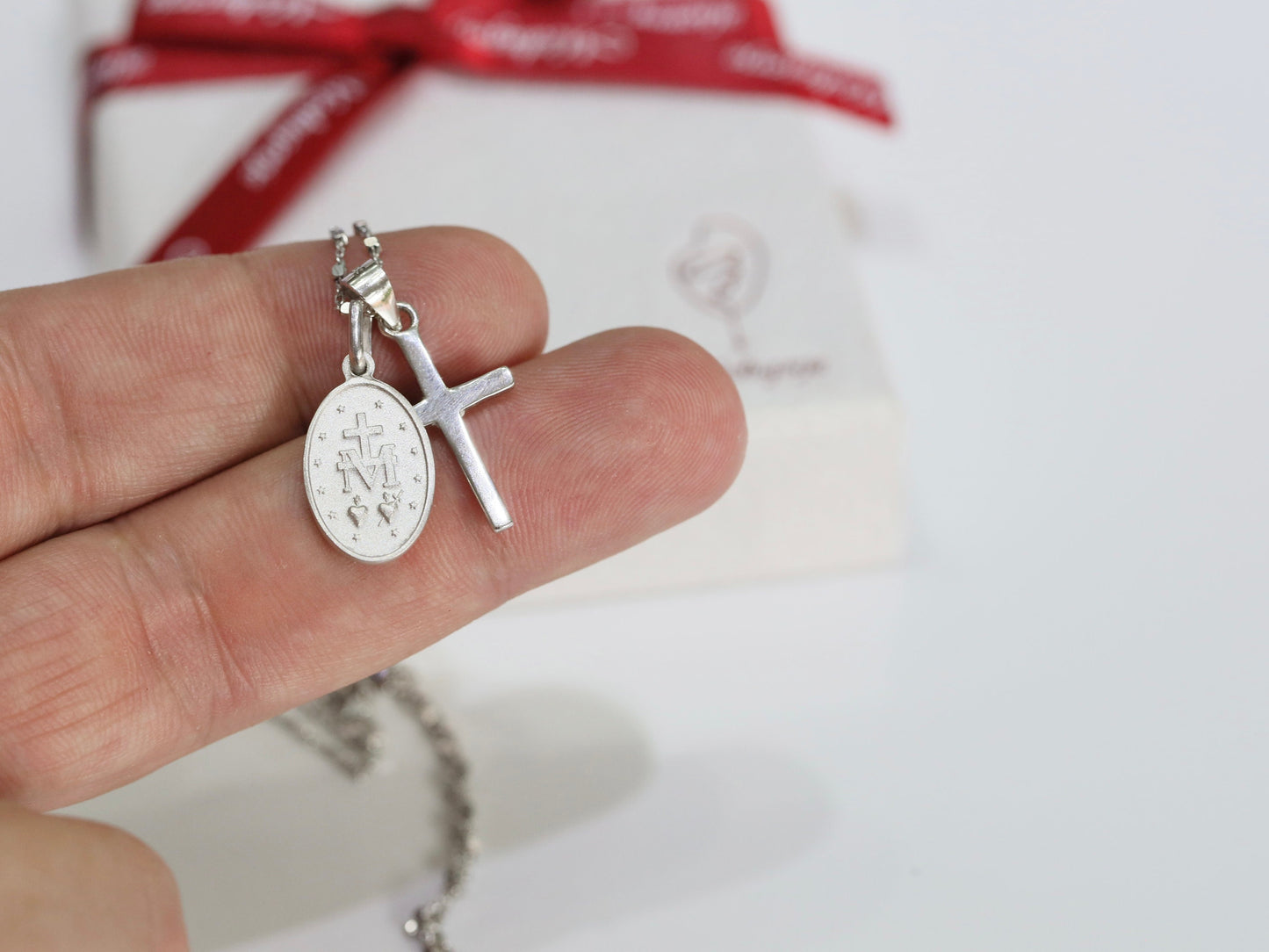 Dainty necklace with cross and Miraculous Medal, Miniature cross Miraculous Medal silver necklace, small cross Miraculous medal necklace