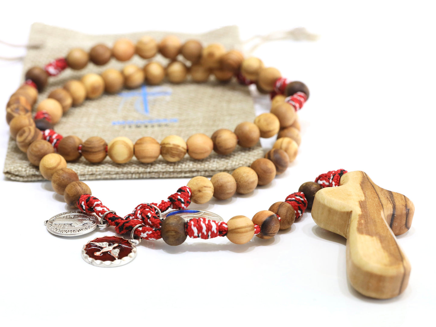Wooden rosary, paracord rosary, tactical rosary, Holy Spirit, Queen of Peace, Saint Benedict, olive wood comfort cross, meditation rosary
