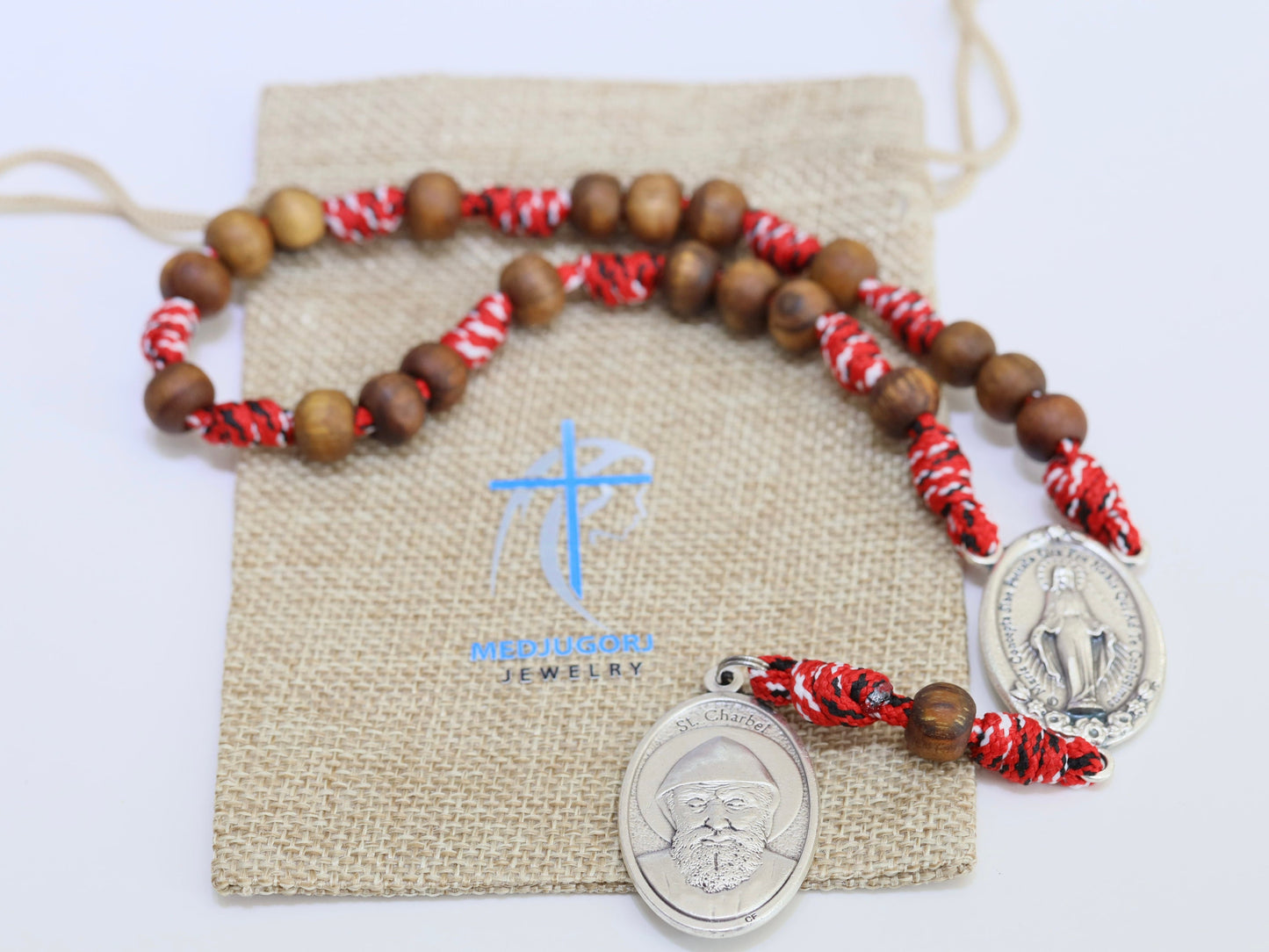 Saint Charbel rosary, St Charbel chaplet, wooden rosary beads, paracord rosary, handmade rosary, red cord chaplet rosary, gift for mum
