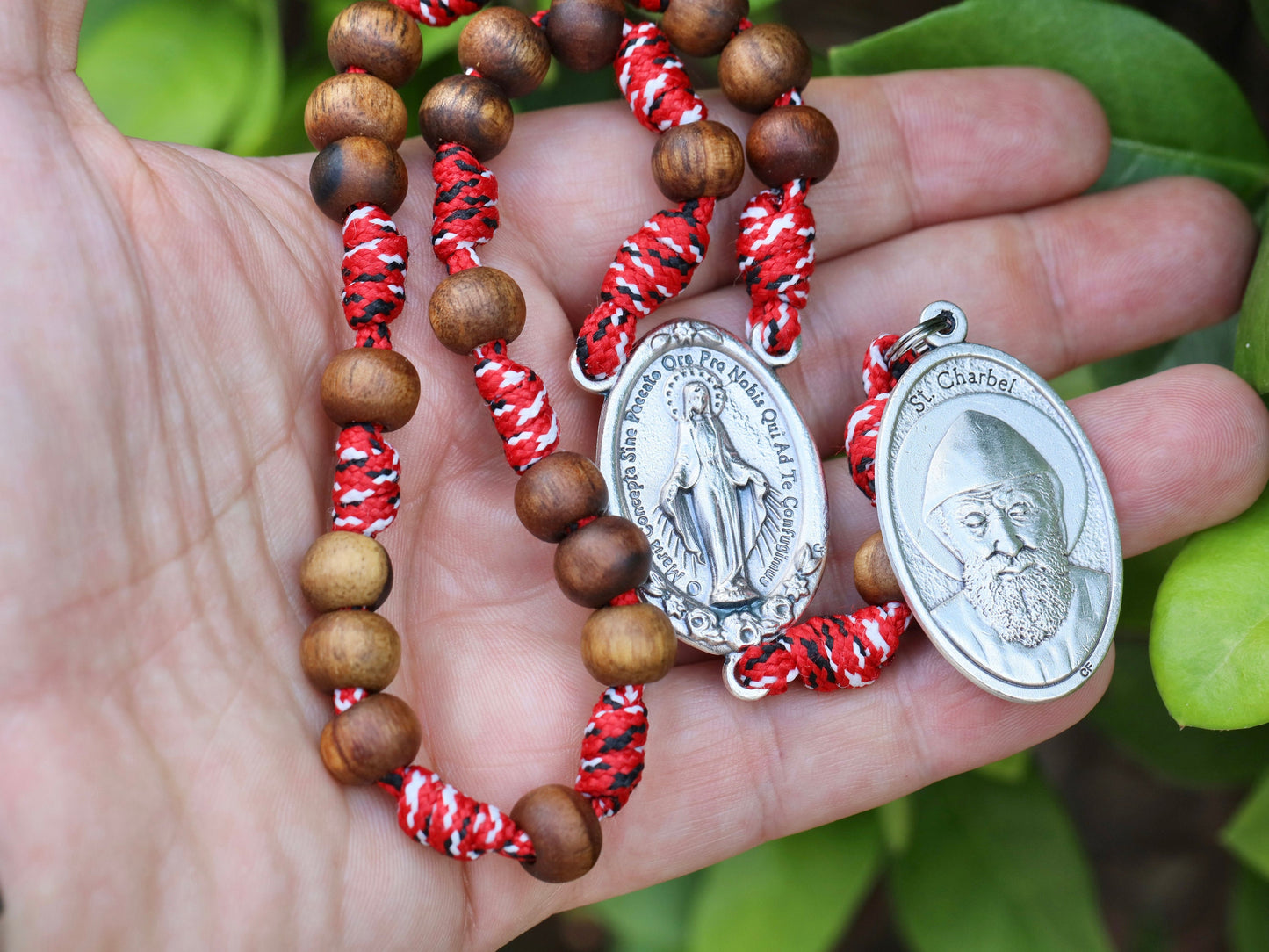 Saint Charbel rosary, St Charbel chaplet, wooden rosary beads, paracord rosary, handmade rosary, red cord chaplet rosary, gift for mum