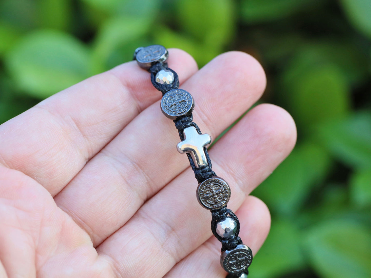 Pulsera san Benito, pulsera rosario, pulsera con cruz, pulsera tejida hecha a mano para hombre, regalo para marido, pulsera católica de protección