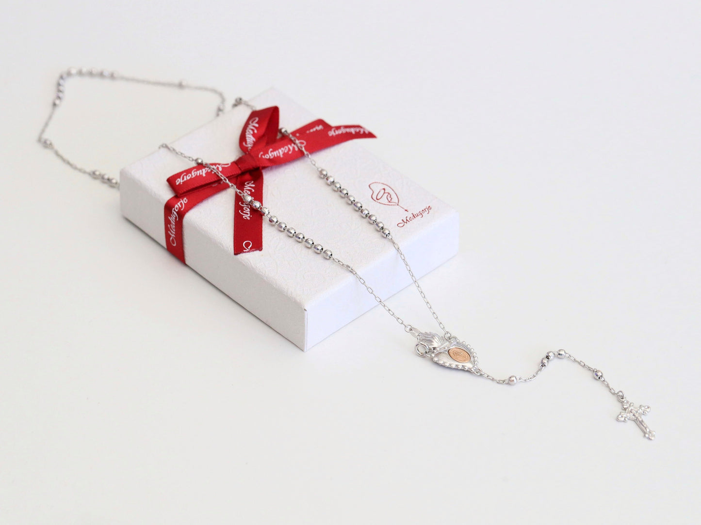Collar de rosario, plata de ley 925, pieza central de medalla de corazón Inmaculado, collar de rosario de Medalla Milagrosa de plata, regalo de collar para mujeres