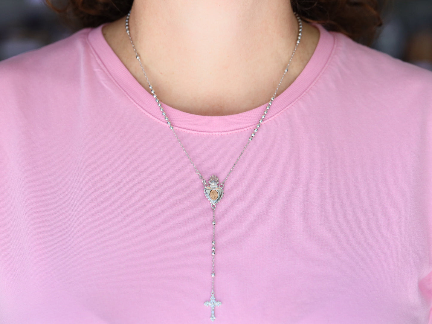 Collar de rosario, plata de ley 925, pieza central de medalla de corazón Inmaculado, collar de rosario de Medalla Milagrosa de plata, regalo de collar para mujeres