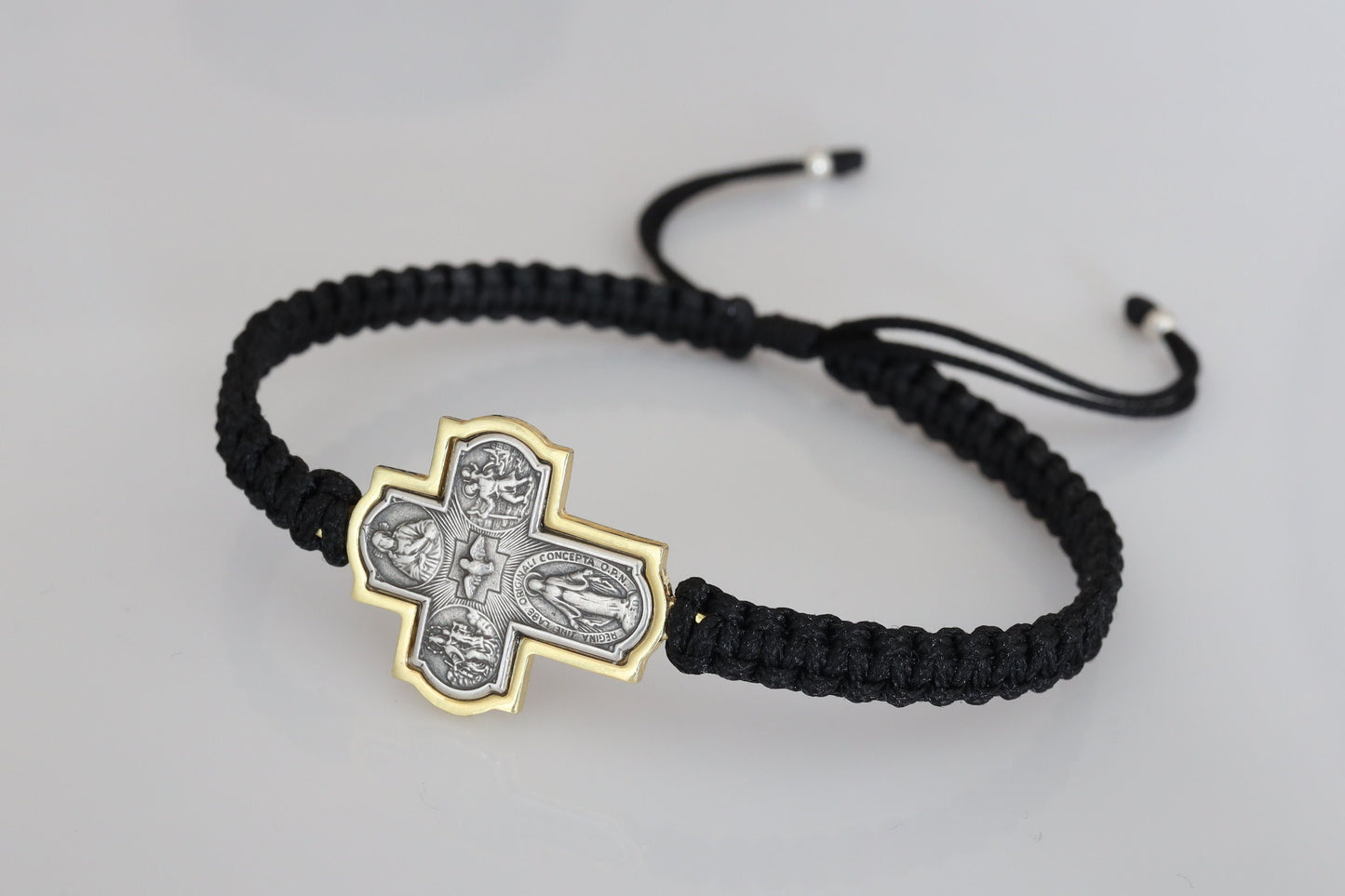 Pulsera cruz de cuatro vías, cruz de plata de ley, cruz de 4 vías, pulsera de macramé de plata de ley de oro, pulsera hecha a mano, pulsera de regalo para hombre