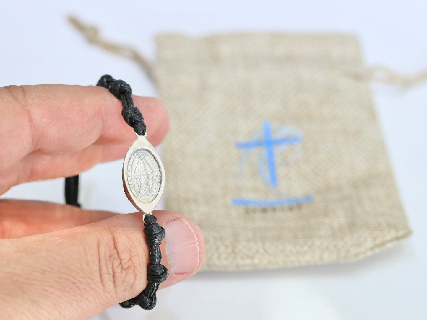 Pulsera Medalla Milagrosa, pulsera rosario, pulsera rosario plata de ley 935, pulsera rosario para hombre, pulsera rosario hecha a mano cordón encerado