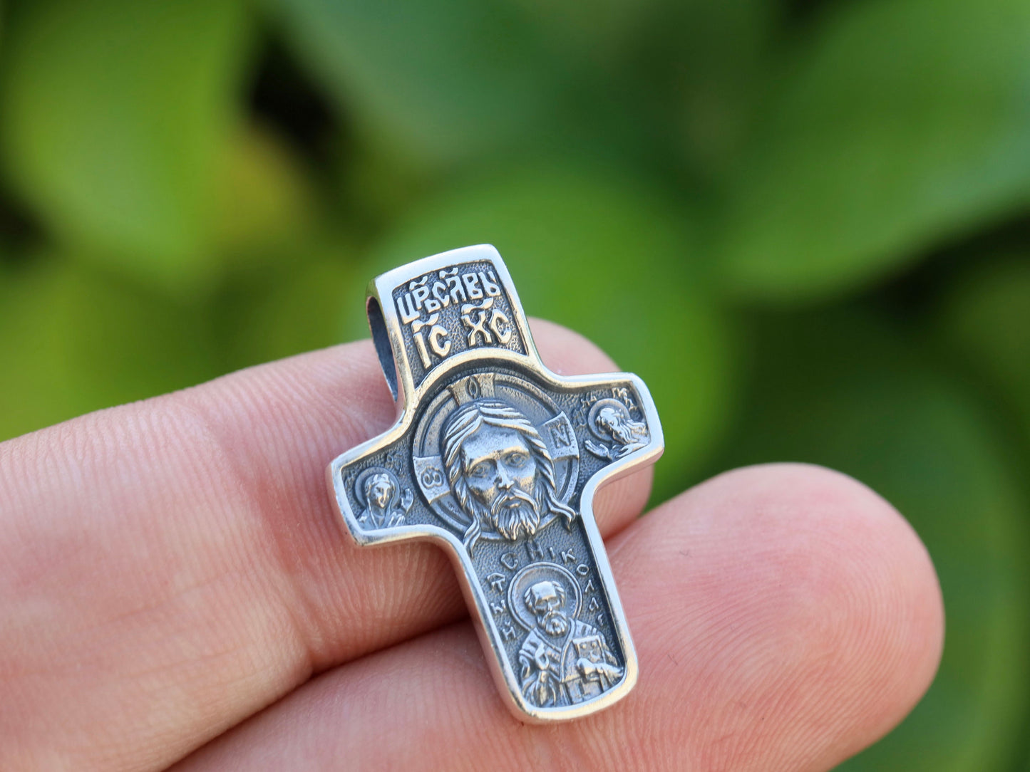 Cruz de la Santísima Faz, cruz de plata de ley para hombre, cruz bizantina, cruz no creada con mano humana, Juan Bautista, San Nicolás, Pokrov
