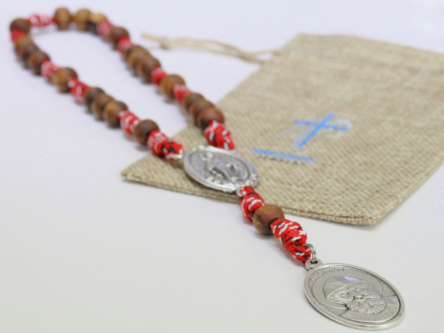Saint Charbel rosary, St Charbel chaplet, wooden rosary beads, paracord rosary, handmade rosary, red cord chaplet rosary, gift for mum