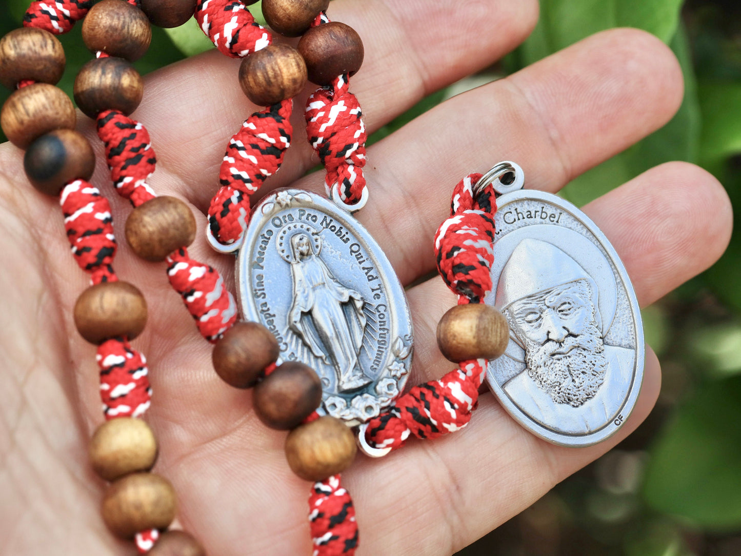 Saint Charbel rosary, St Charbel chaplet, wooden rosary beads, paracord rosary, handmade rosary, red cord chaplet rosary, gift for mum