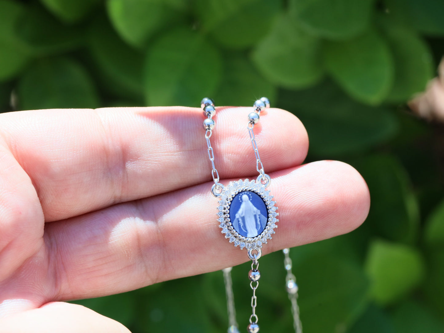 Collar de rosario, collar de plata de ley 925, collar de camafeo con Nuestra Señora, collar de rosario de 18 pulgadas, regalo para mujeres, collar de Nuestra Señora de Gracia