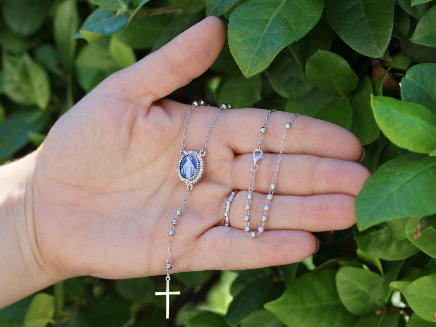 Collar de rosario, collar de plata de ley 925, collar de camafeo con Nuestra Señora, collar de rosario de 18 pulgadas, regalo para mujeres, collar de Nuestra Señora de Gracia
