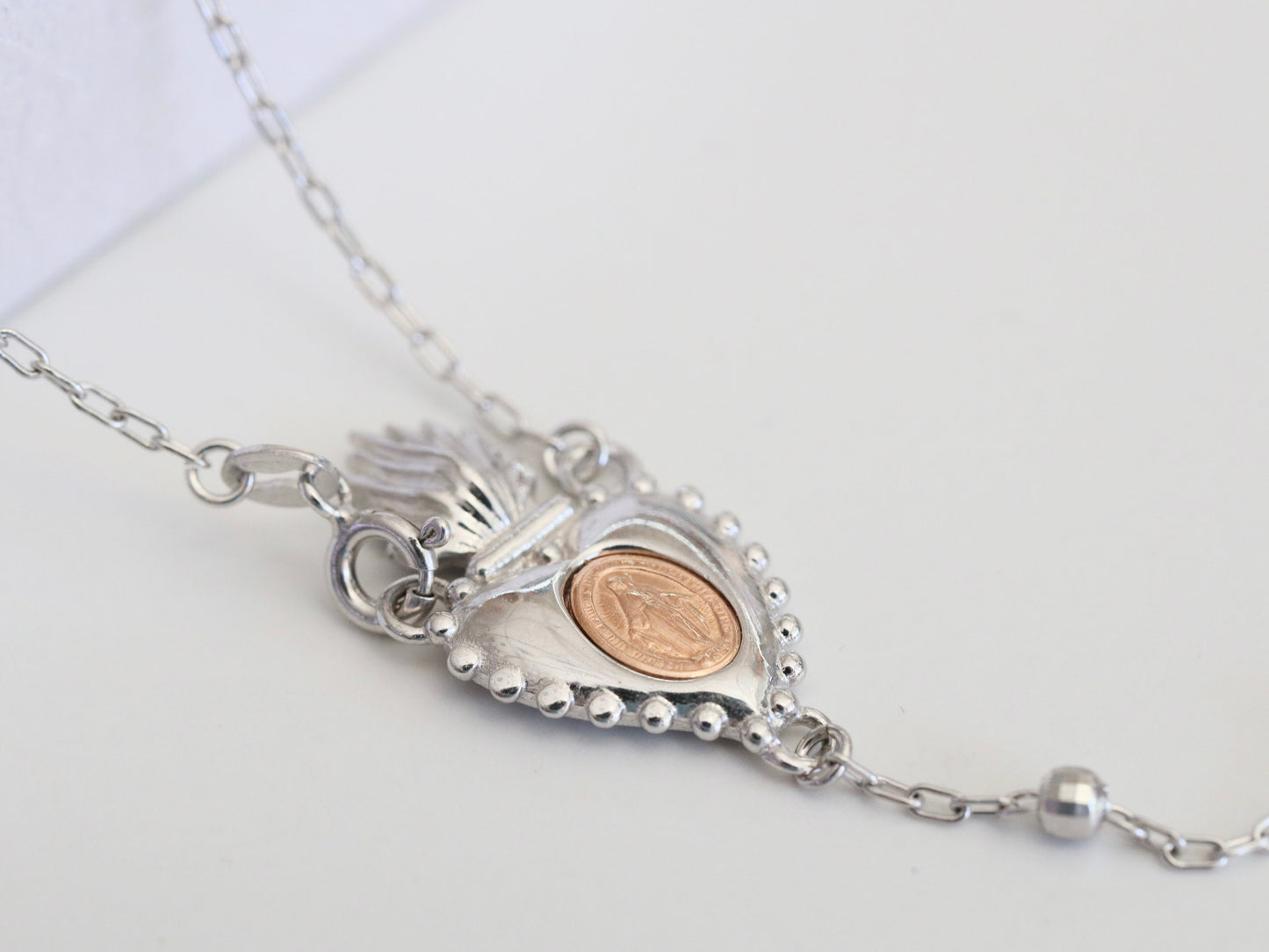 Collar de rosario, plata de ley 925, pieza central de medalla de corazón Inmaculado, collar de rosario de Medalla Milagrosa de plata, regalo de collar para mujeres