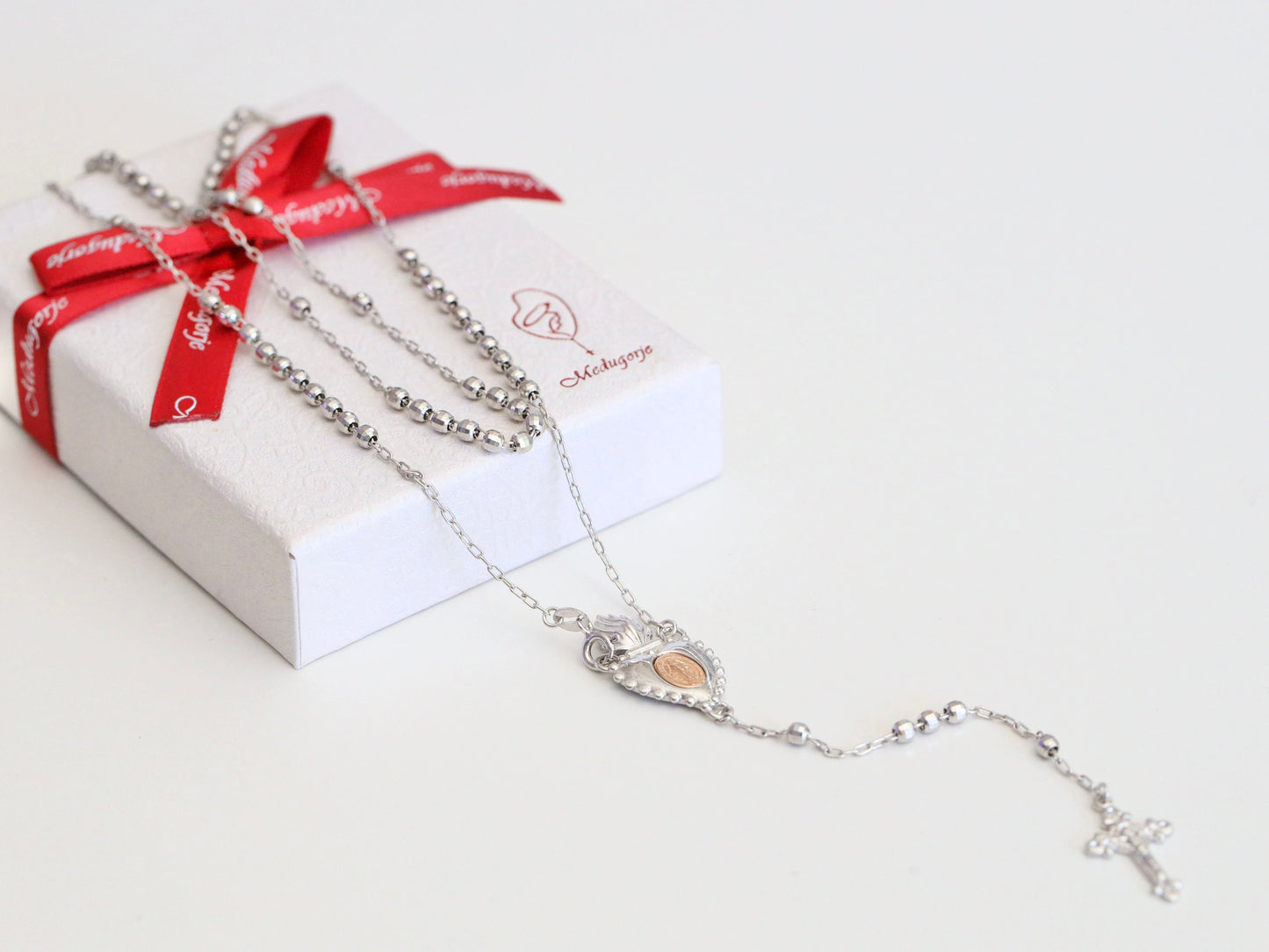 Collar de rosario, plata de ley 925, pieza central de medalla de corazón Inmaculado, collar de rosario de Medalla Milagrosa de plata, regalo de collar para mujeres