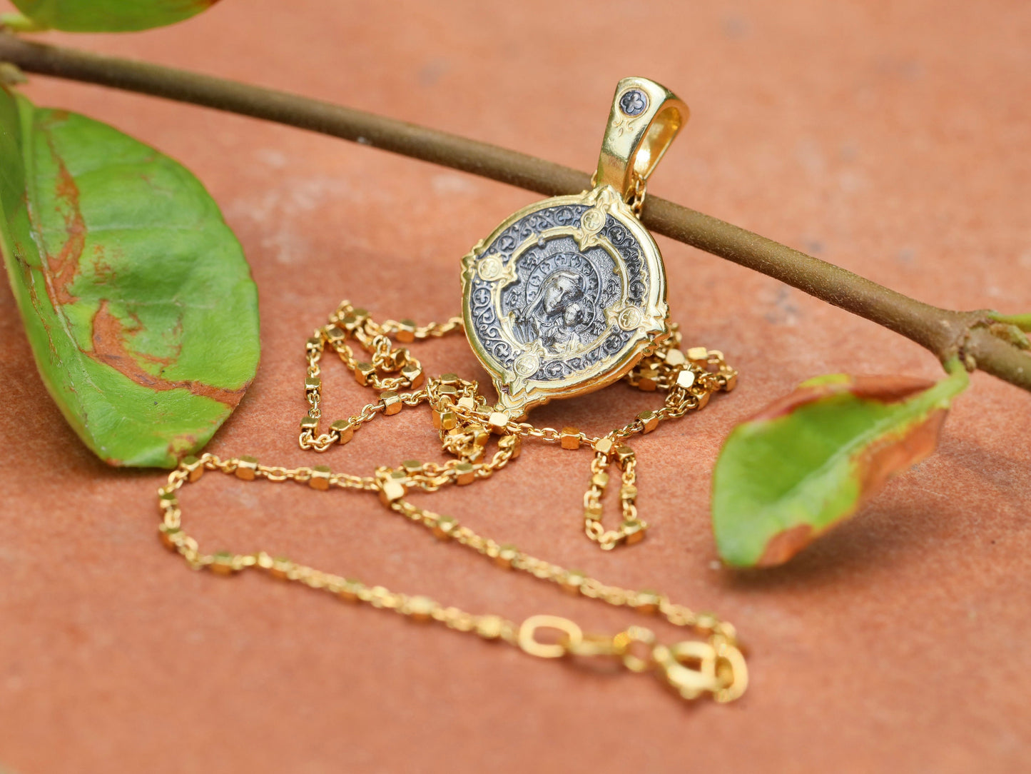 Our Lady pendant, sterling silver 925, gold plated round medal, Byzantine medal, Virgin Mary with Baby Jesus medal, icon medal for women