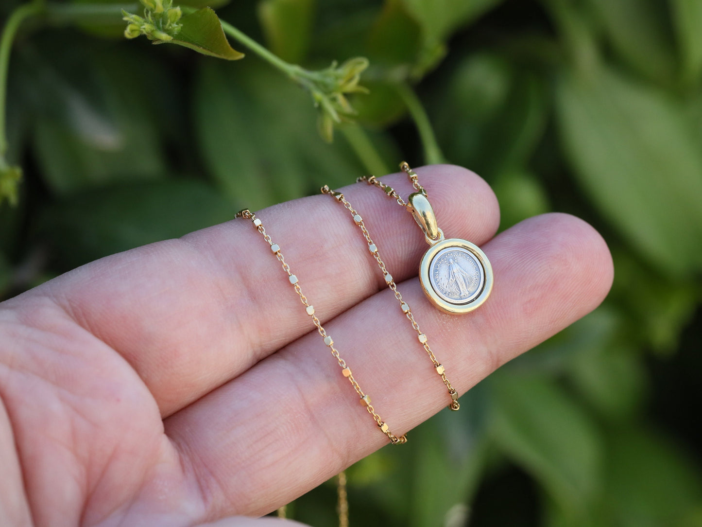 Dainty Miraculous Medal, minimalist medal of Our Lady of Grace, Small round Virgin Mary pendant, vintage sterling silver 925 gold plated,