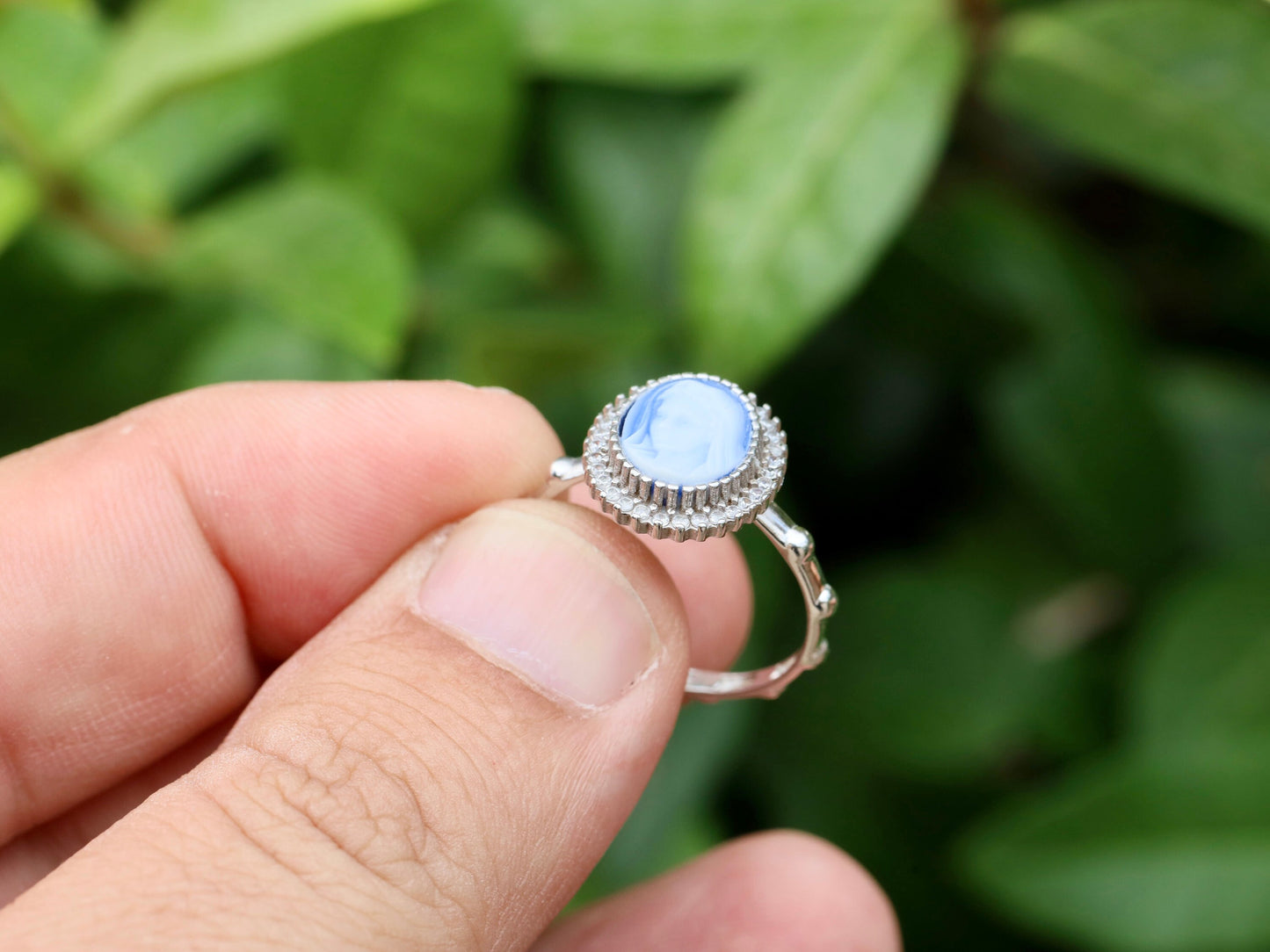 Anillo rosario, anillo Reina de la Paz, anillo Virgen María, rosario de plata de ley, anillo de sello, regalo de cumpleaños, anillo de cameo Medjugorje, ágata azul