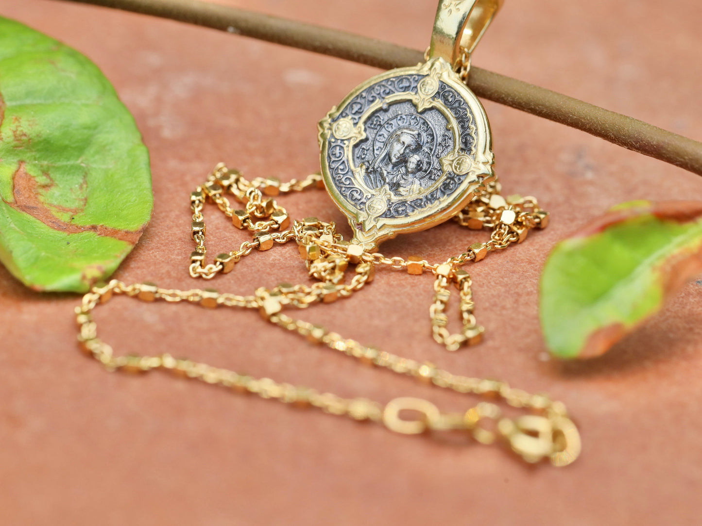 Our Lady pendant, sterling silver 925, gold plated round medal, Byzantine medal, Virgin Mary with Baby Jesus medal, icon medal for women