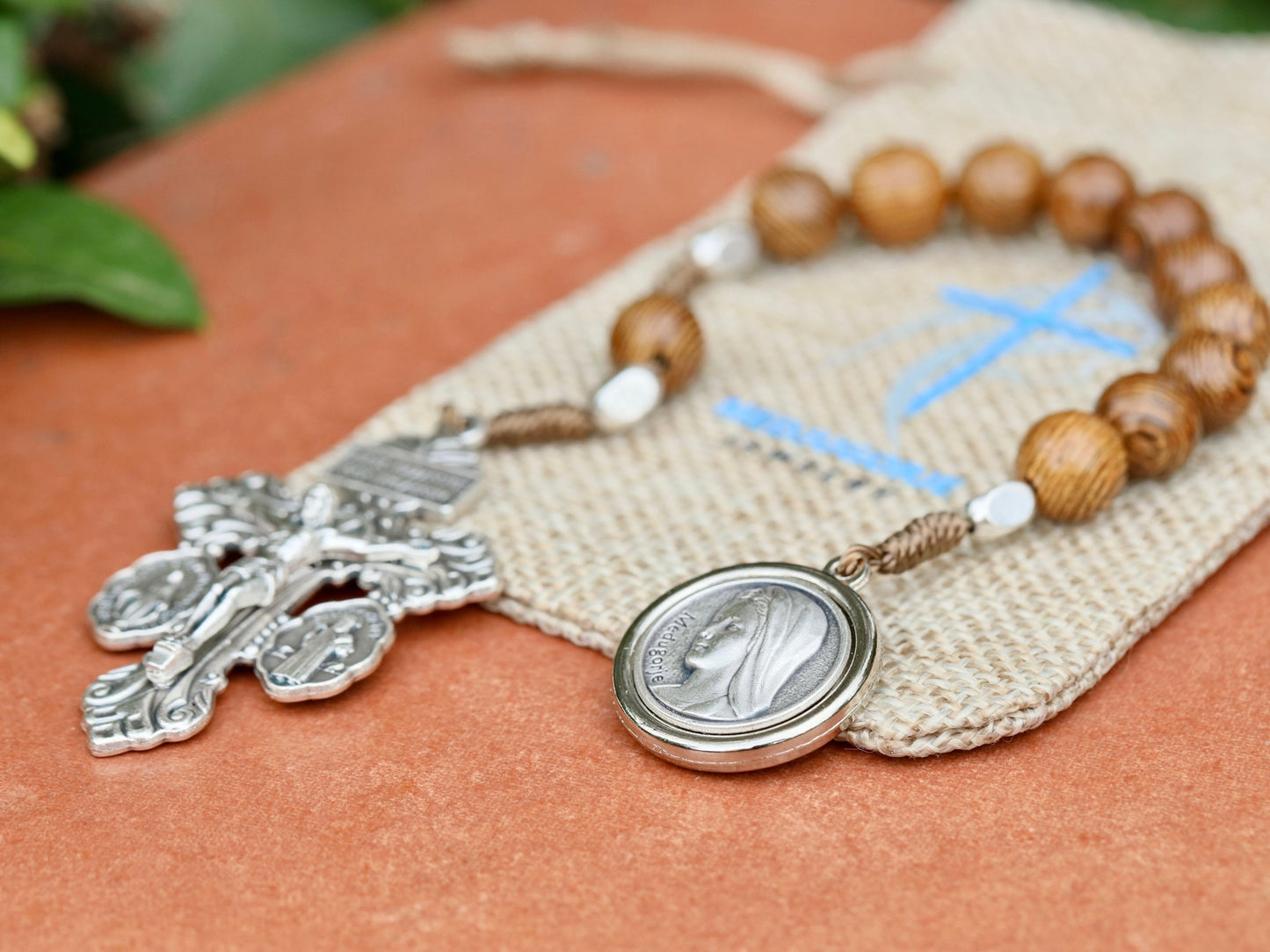 Wooden one decade rosary, pardon crucifix rosary,pocket rosary for man,miraculous medal rosary,dainty rosary, st Benedict one decade rosary