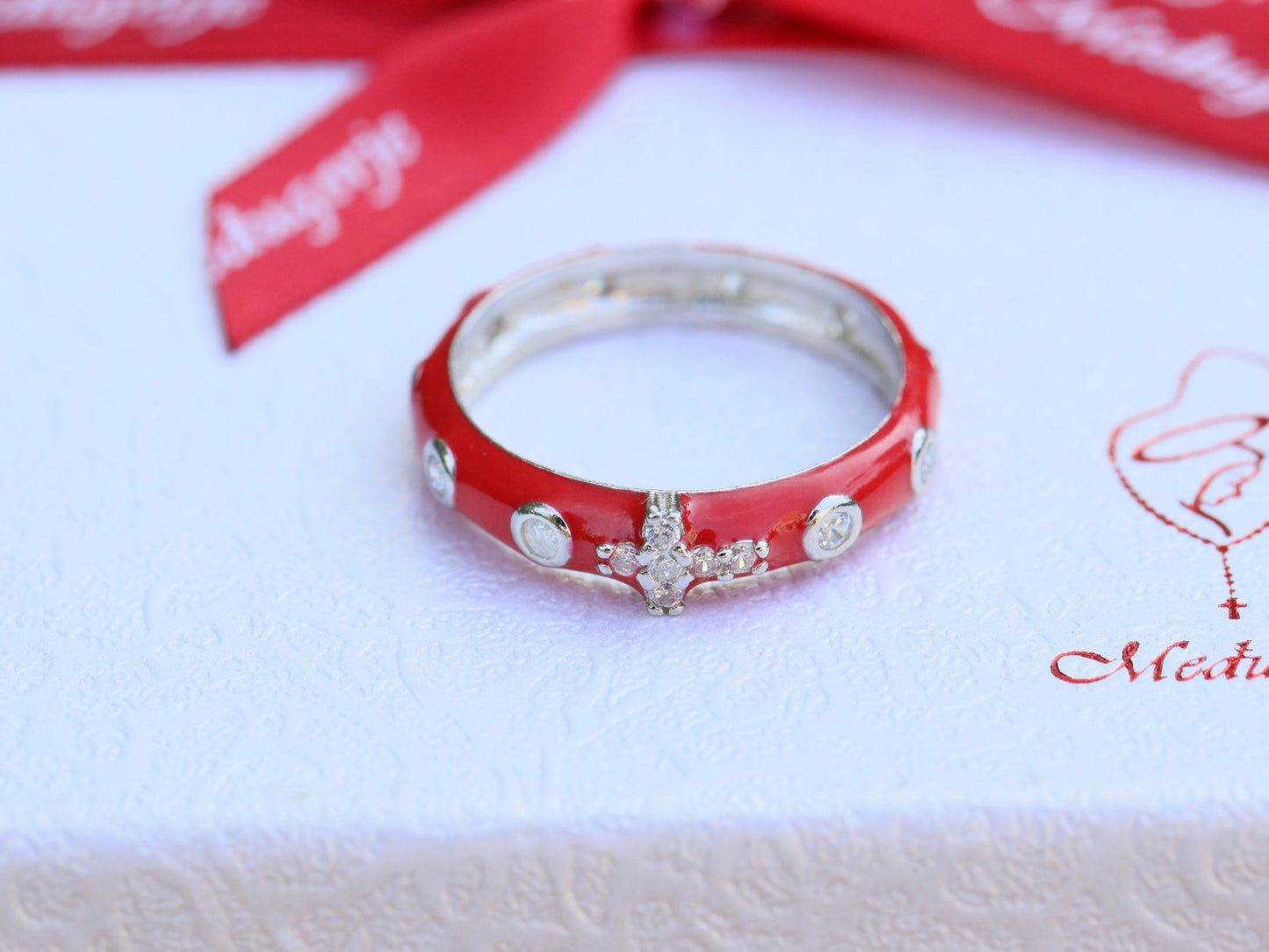 Anillo de rosario, anillo de rosario rojo, anillo de rosario de plata de ley, anillo cruzado, anillo para adolescente, anillo católico, anillo de oración, rosario delicado para niñas