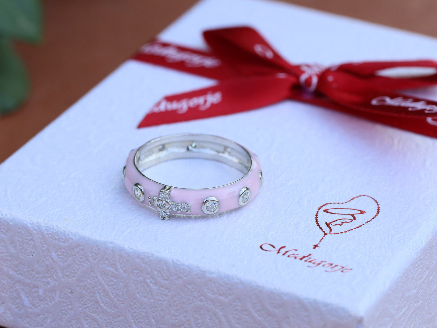 Anillo rosario, anillo rosario de plata, anillo rosario de plata de ley con circonio cúbico, anillo con cruz, anillo rosario de esmalte rosa para niñas