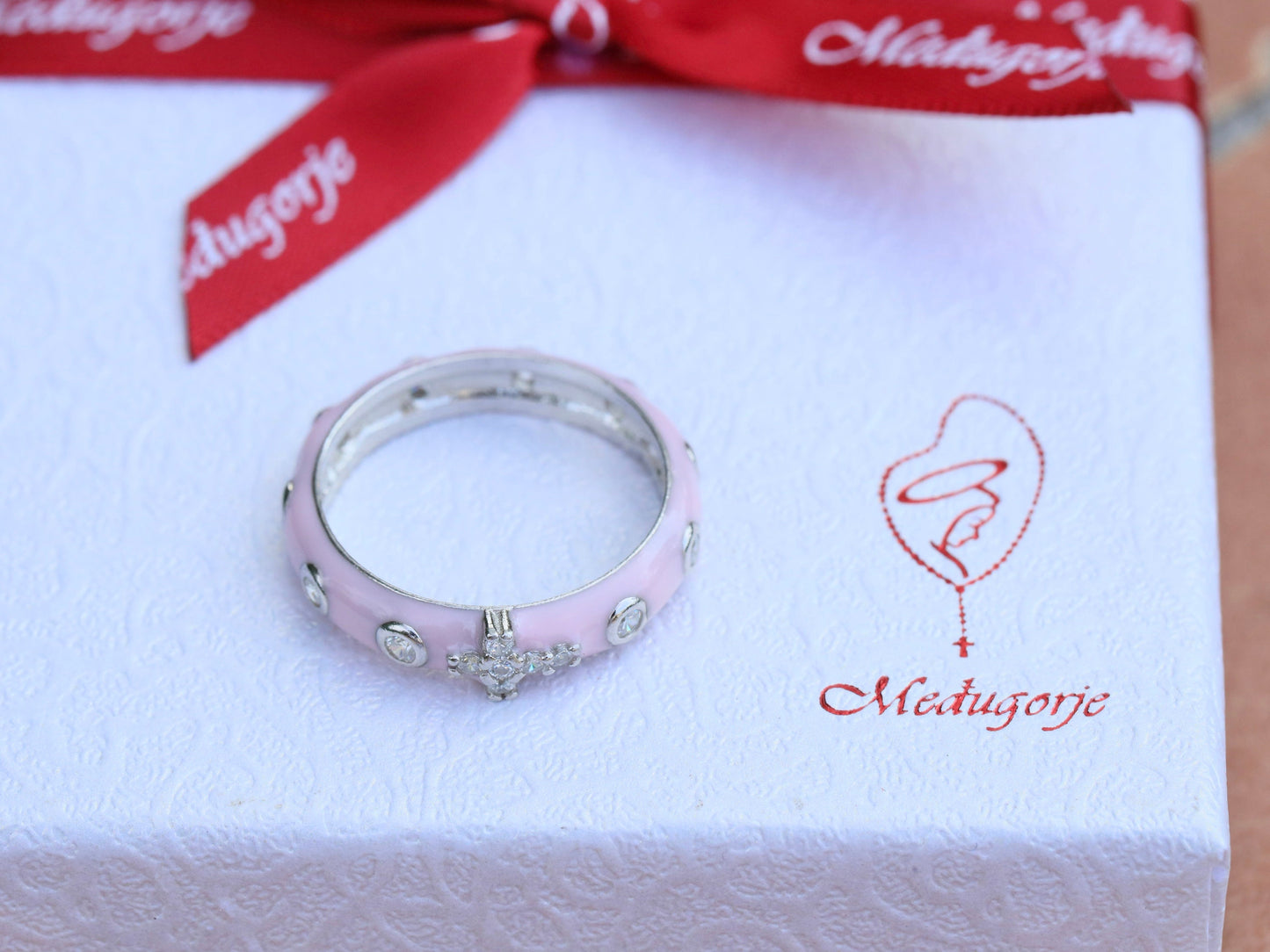 Anillo rosario, anillo rosario de plata, anillo rosario de plata de ley con circonio cúbico, anillo con cruz, anillo rosario de esmalte rosa para niñas