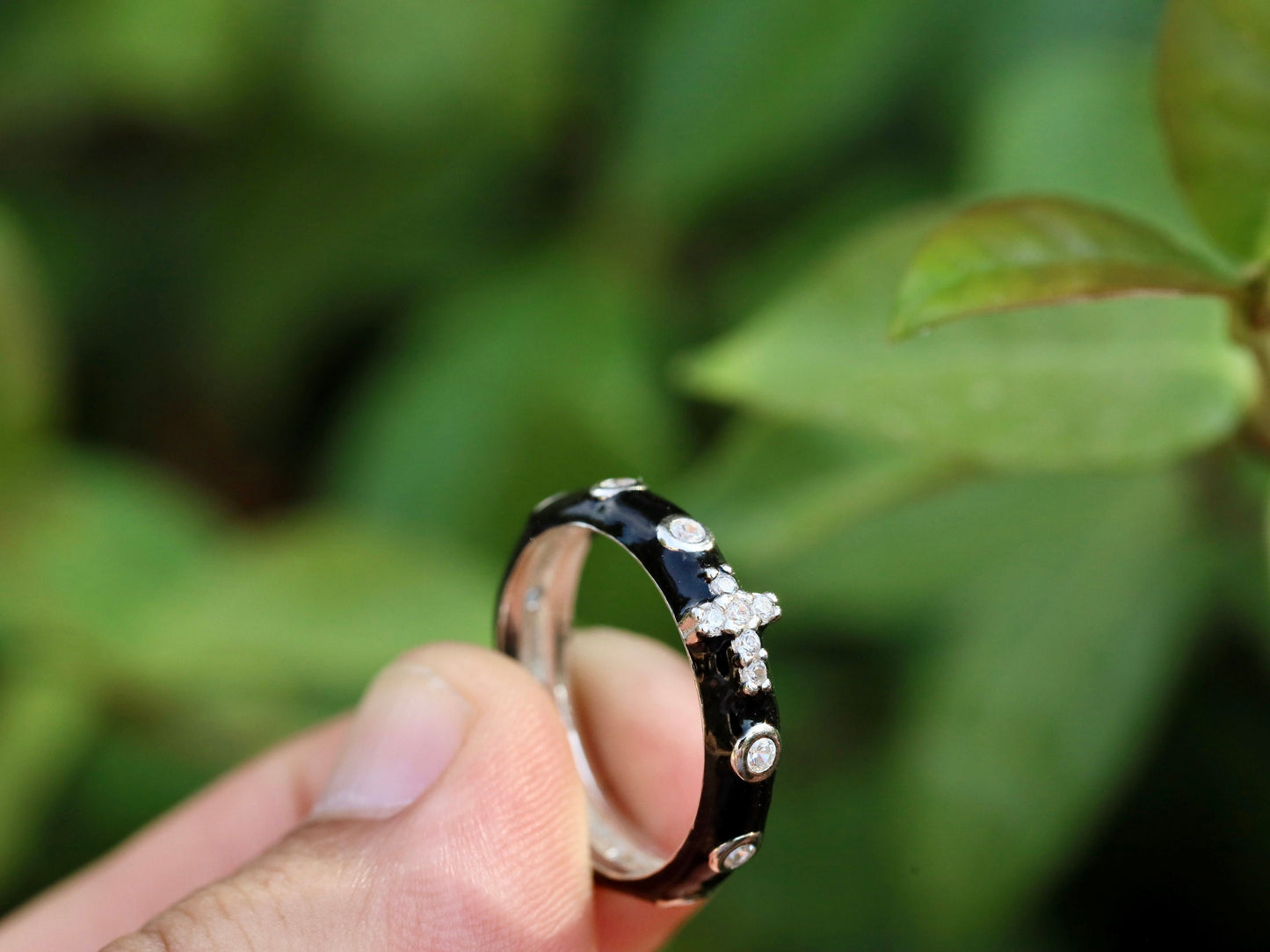 Anillo rosario, anillo rosario de plata de primera ley 925, anillo para adolescente, regalo para ella, anillo rosario de circonio, delicado anillo de esmalte negro con cruz