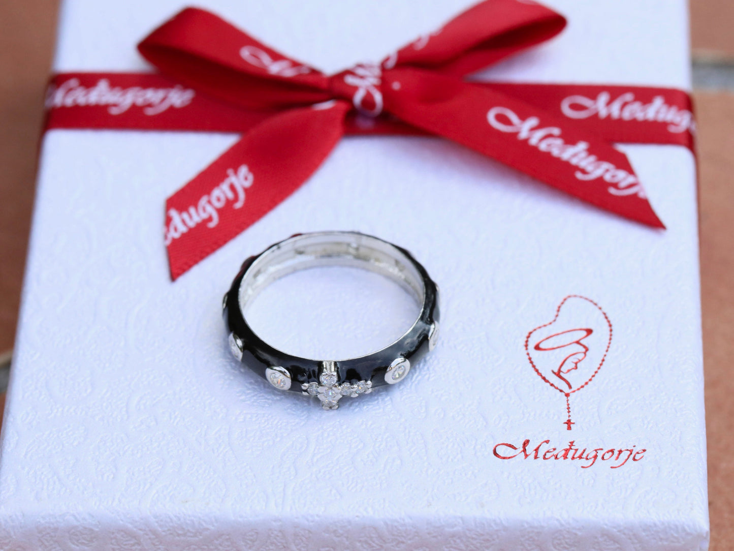 Anillo rosario, anillo rosario de plata de primera ley 925, anillo para adolescente, regalo para ella, anillo rosario de circonio, delicado anillo de esmalte negro con cruz