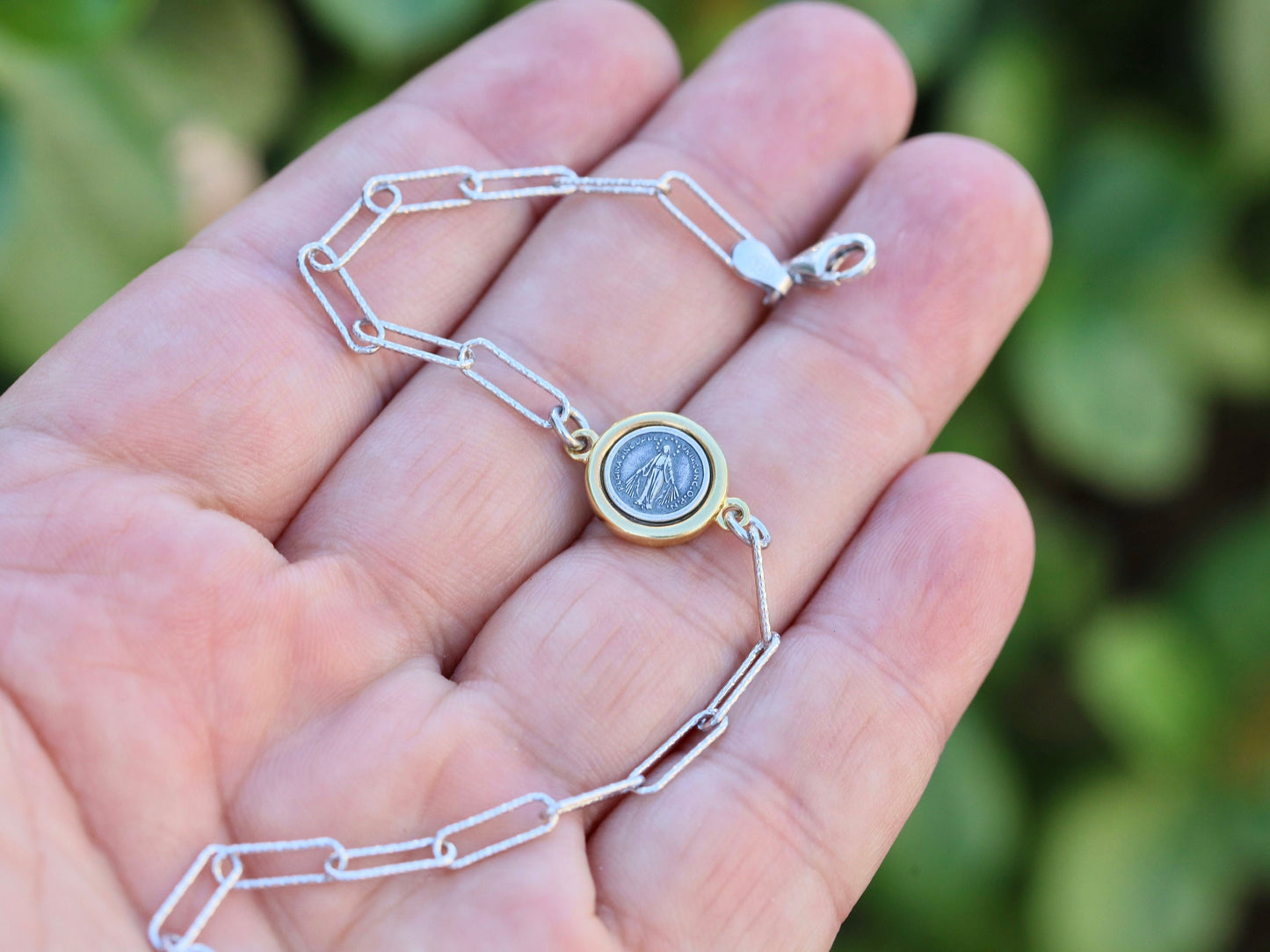 PAPERCLIP PULSERA Medalla Milagrosa plata de ley 925, pulsera Nuestra Señora de Gracia, pulsera Medalla Milagrosa para mujer, pulsera totus tus