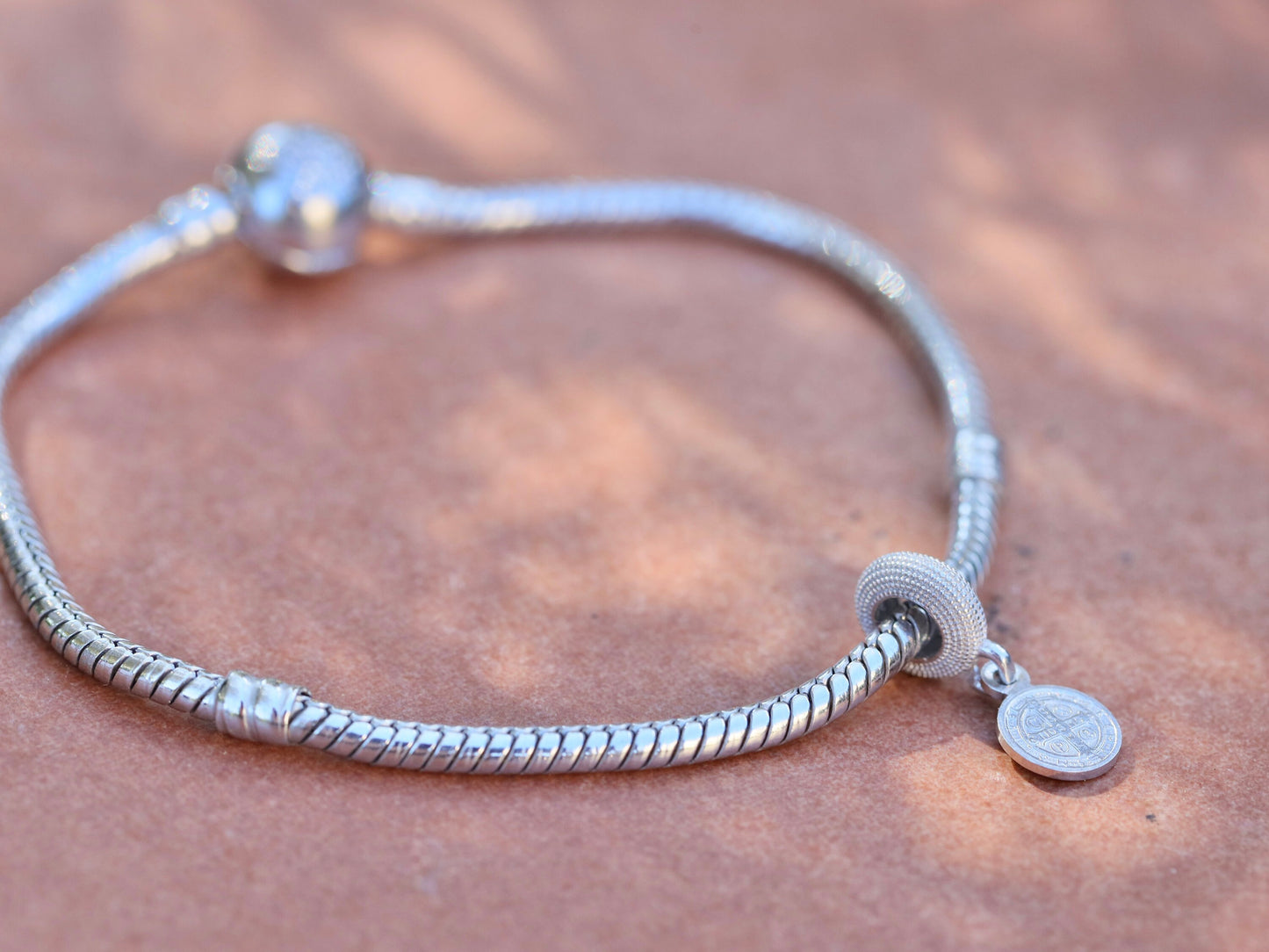 Saint Benedict sterling silver Pandora fit charm, Saint Benedict Pandora pendant, Catholic charm for silver bracelet, cross bracelet charm
