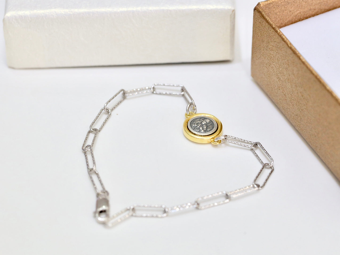 PAPERCLIP Pulsera escapulario, plata de ley 925, medalla escapulario chapada en oro, medalla escapulario aspecto retro, Sagrado Corazón y Monte Carmelo BRACALET