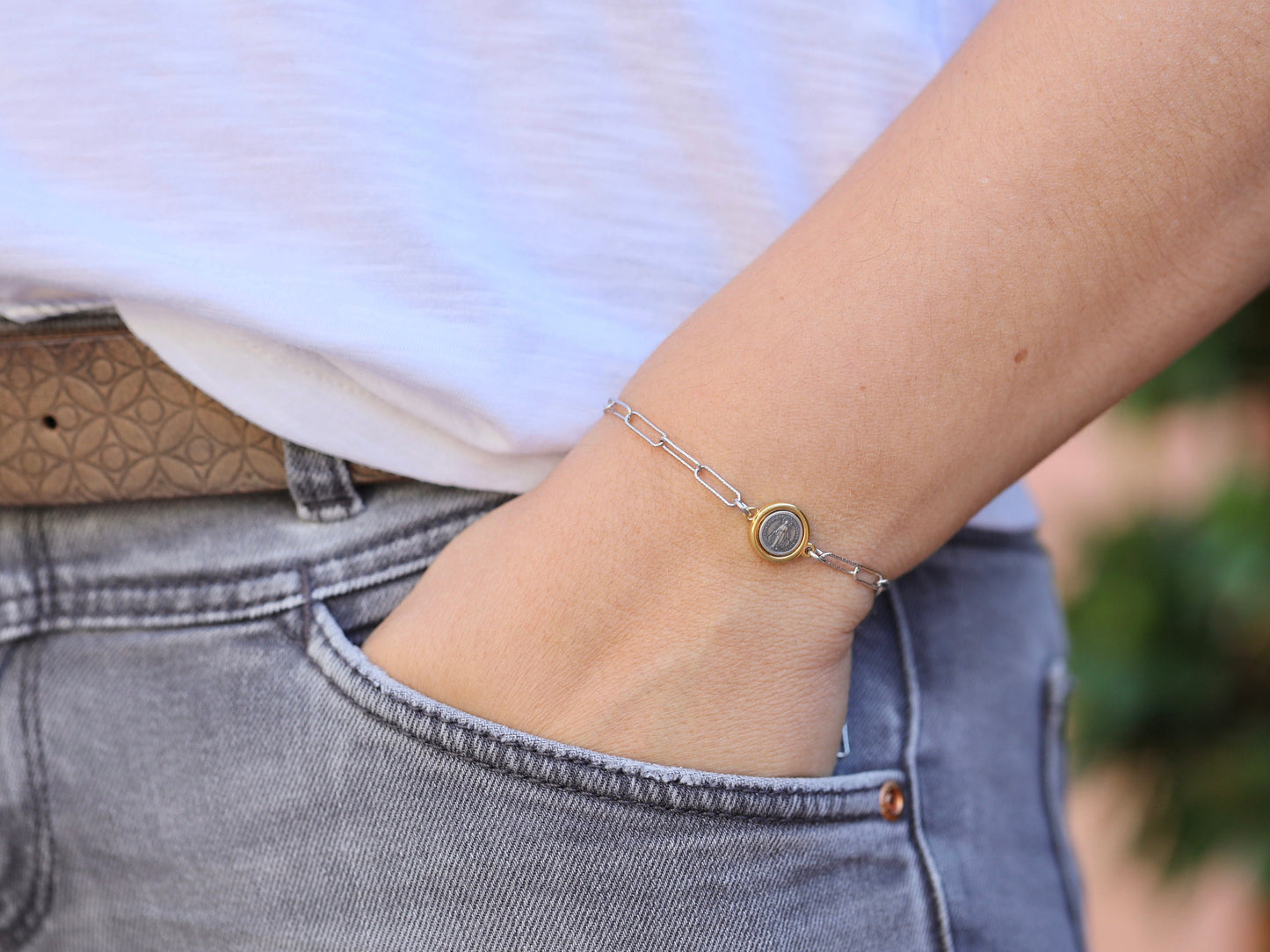 PAPERCLIP PULSERA Medalla Milagrosa plata de ley 925, pulsera Nuestra Señora de Gracia, pulsera Medalla Milagrosa para mujer, pulsera totus tus