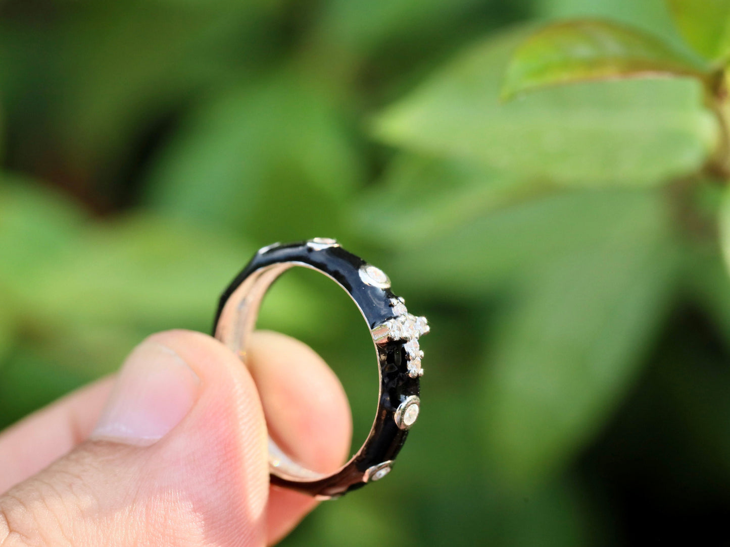Anillo rosario, anillo rosario de plata de primera ley 925, anillo para adolescente, regalo para ella, anillo rosario de circonio, delicado anillo de esmalte negro con cruz