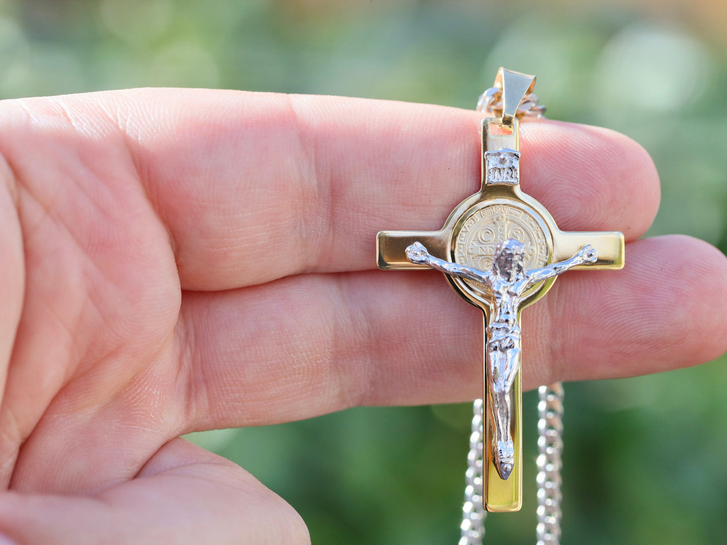Large St Benedict crucifix, Sterling Silver gold plated crucifix for man, detailed St Benedict cross, high precision coin crucifix necklace