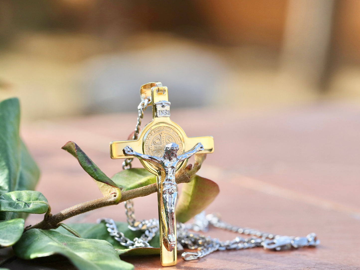 Large St Benedict crucifix, Sterling Silver gold plated crucifix for man, detailed St Benedict cross, high precision coin crucifix necklace