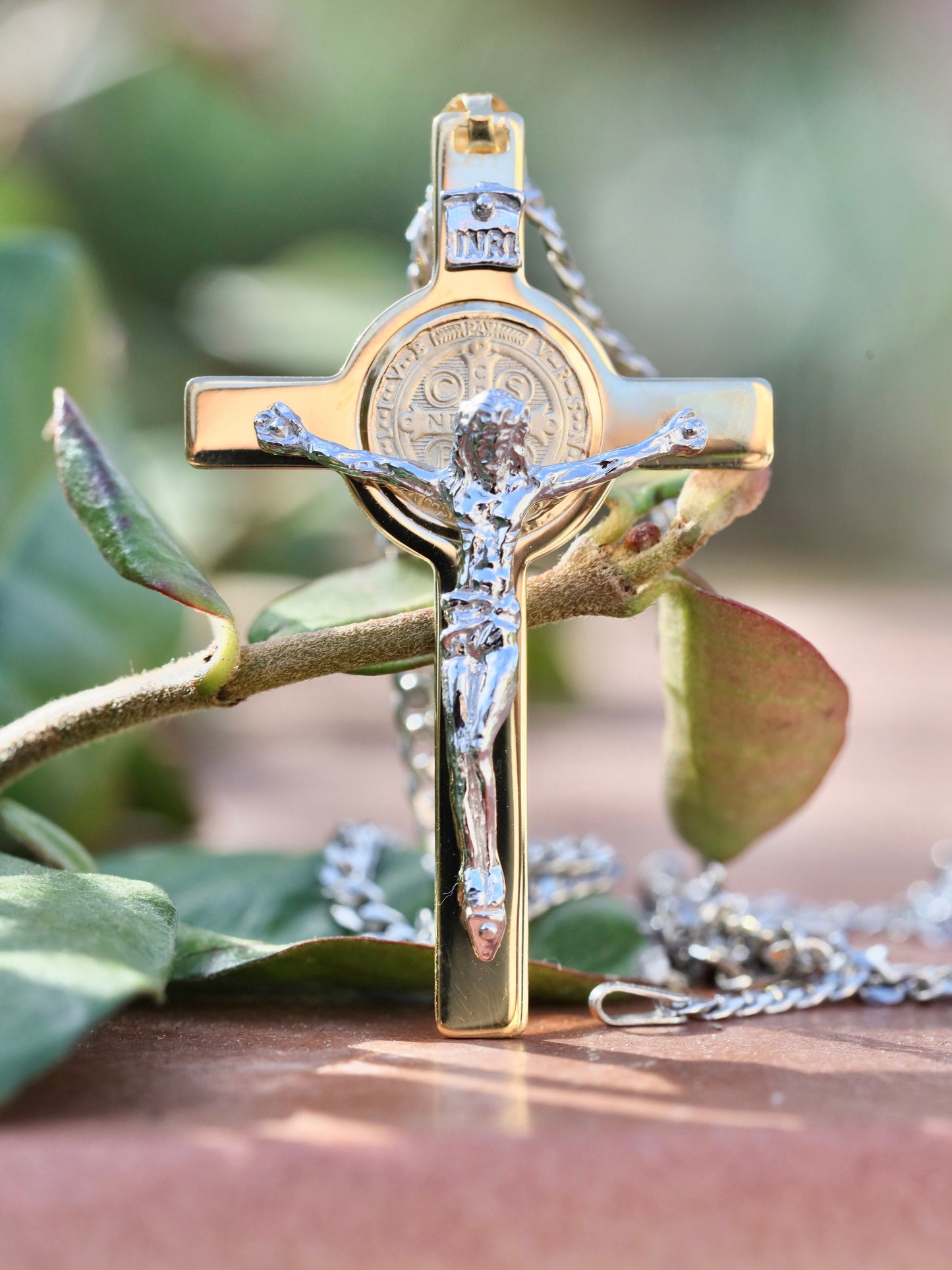 Large St Benedict crucifix, Sterling Silver gold plated crucifix for man, detailed St Benedict cross, high precision coin crucifix necklace