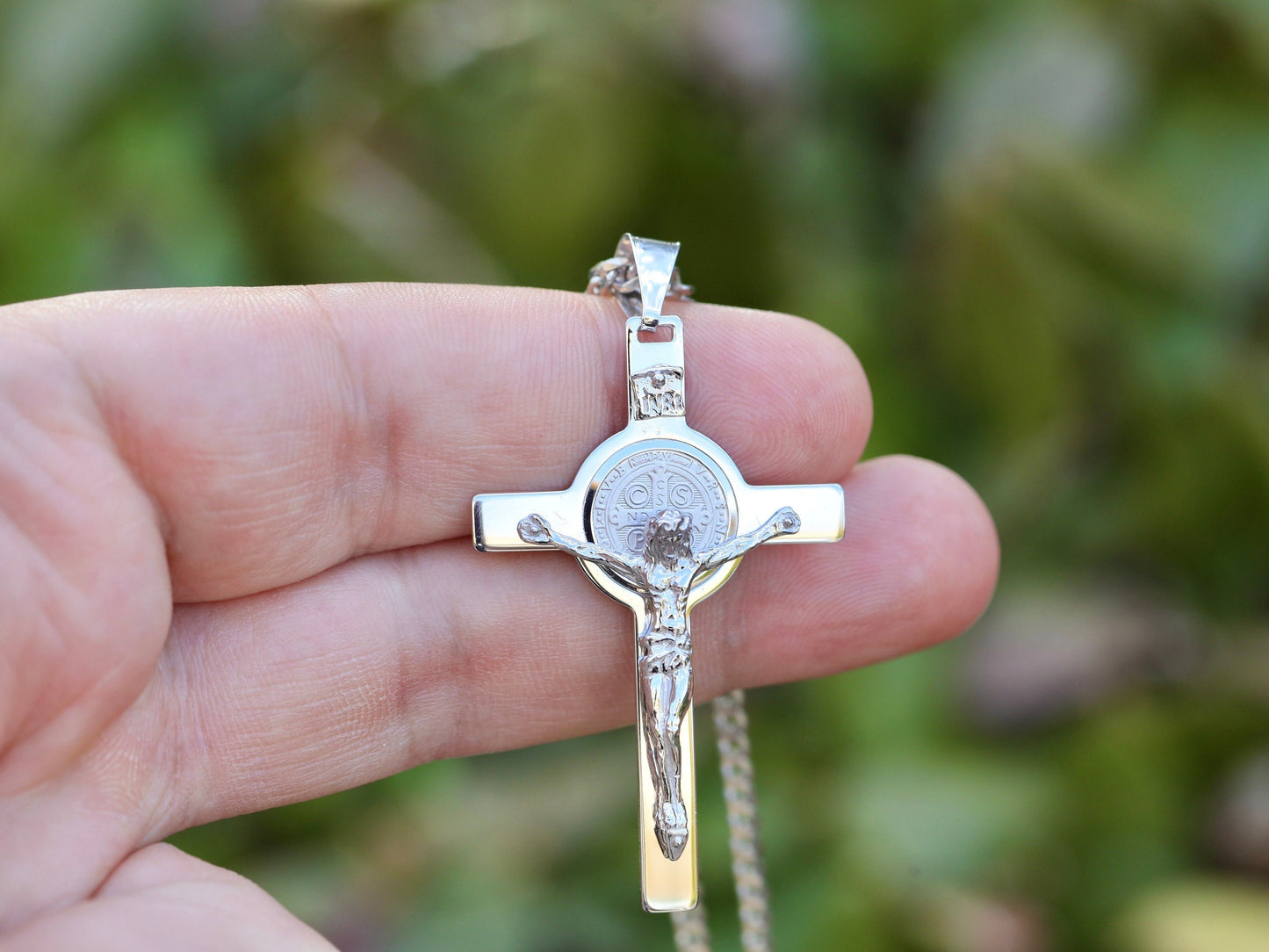 Crucifijo de San Benito, crucifijo de detalles finos, cruz de plata de ley 925, cruz talla diamante, crucifijo hecho con moneda, colgante crucifijo para hombre