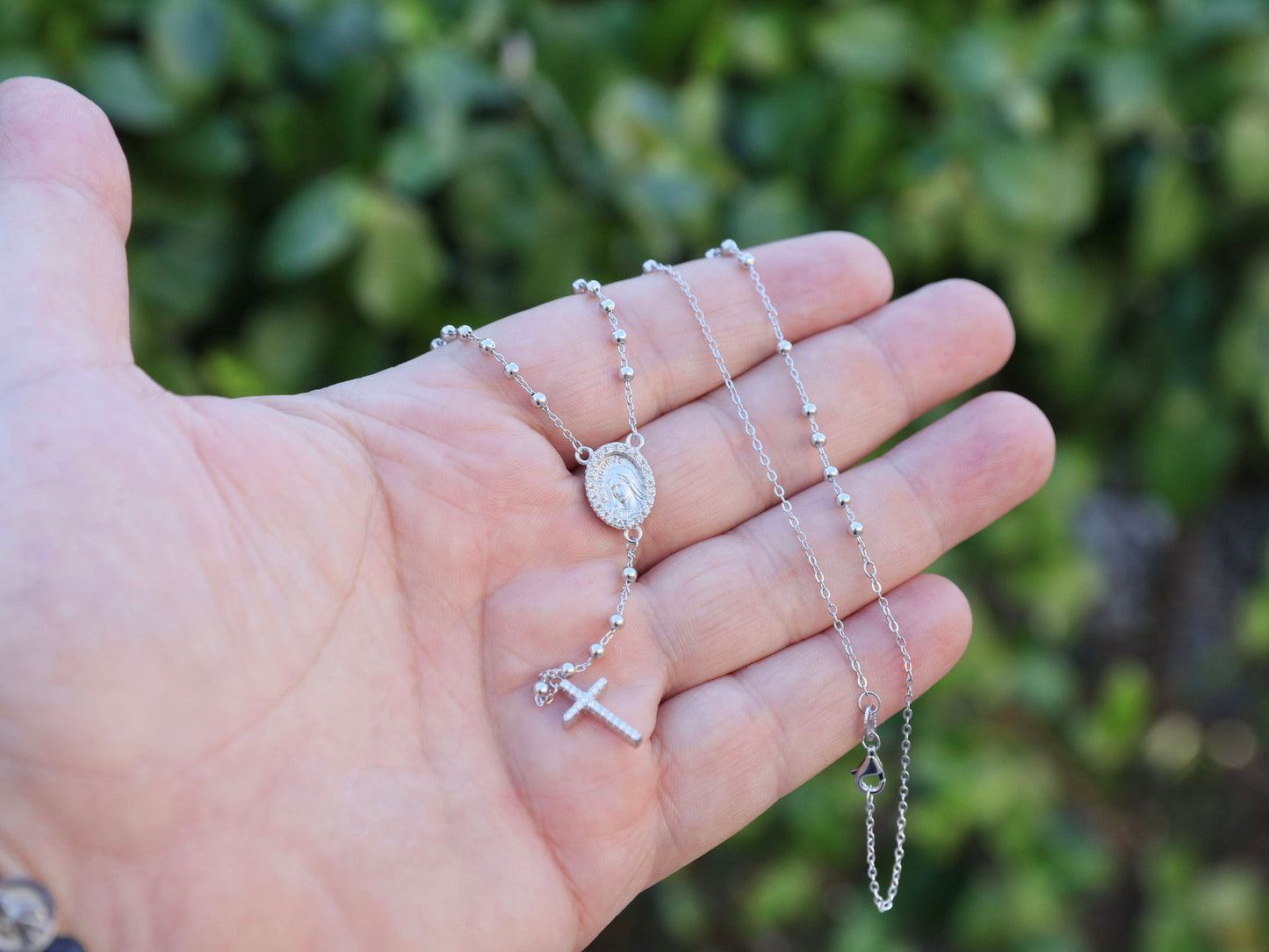 Collar de rosario, collar de plata de ley 925, collar de rosario con piedra, collar de rosario de plata para mujer, collar de rosario en miniatura de Nuestra Señora