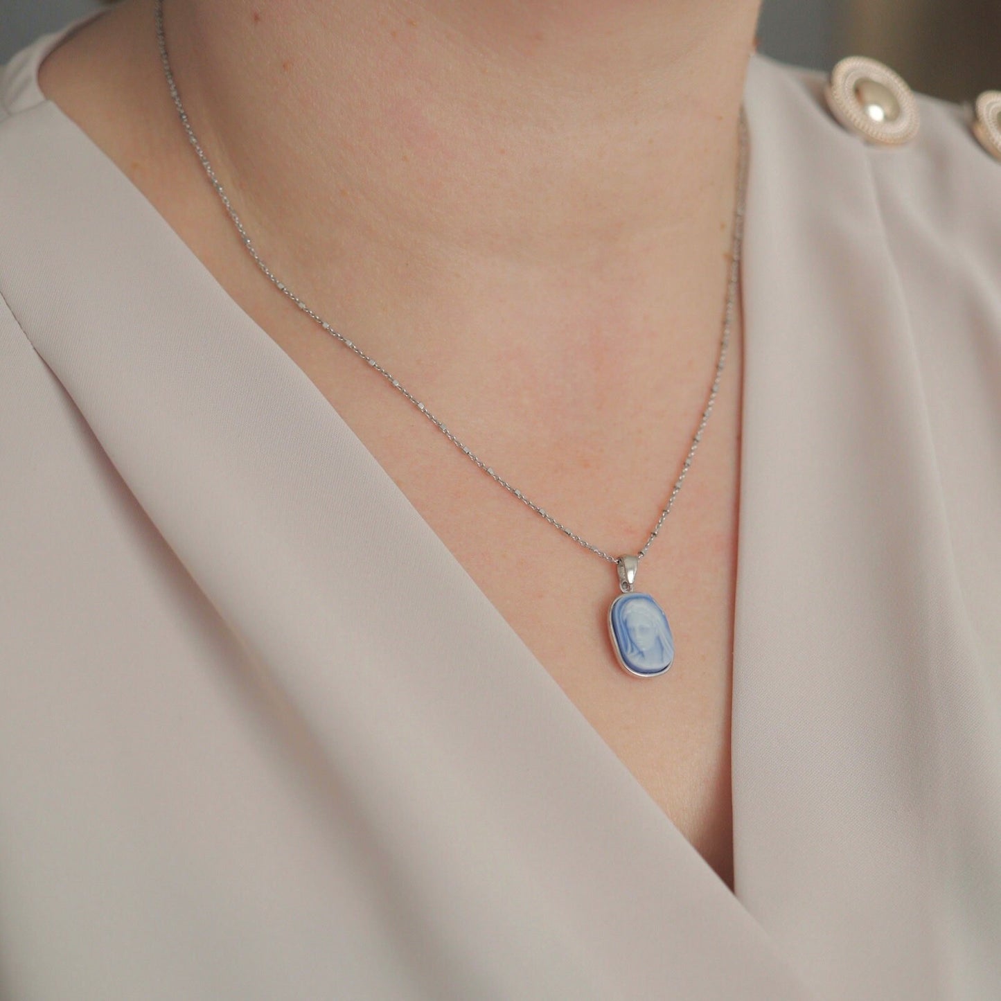 Medjugorje cameo medal of Our Lady Virgin Mary, sterling silver Medjugorje cameo necklace, blue agate Virgin Mary of Medjugorje pendant