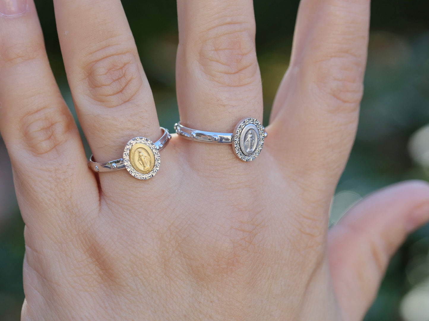Anillo de rosario, anillo de Medalla Milagrosa, rosario de plata de ley 925, anillo de cuentas de oración, Virgen María talla diamante, delicado anillo católico con Nuestra Señora