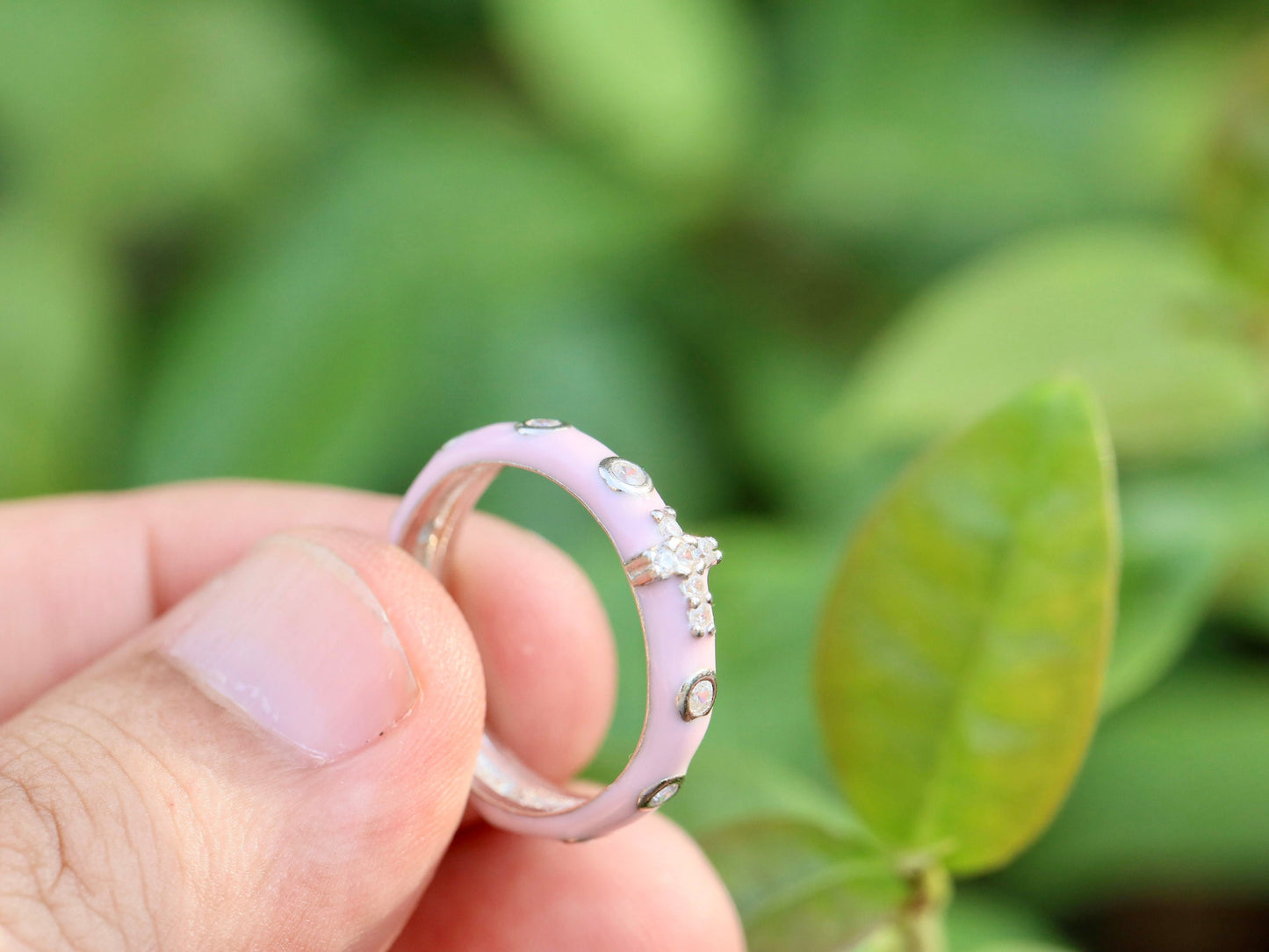 Anillo rosario, anillo rosario de plata, anillo rosario de plata de ley con circonio cúbico, anillo con cruz, anillo rosario de esmalte rosa para niñas