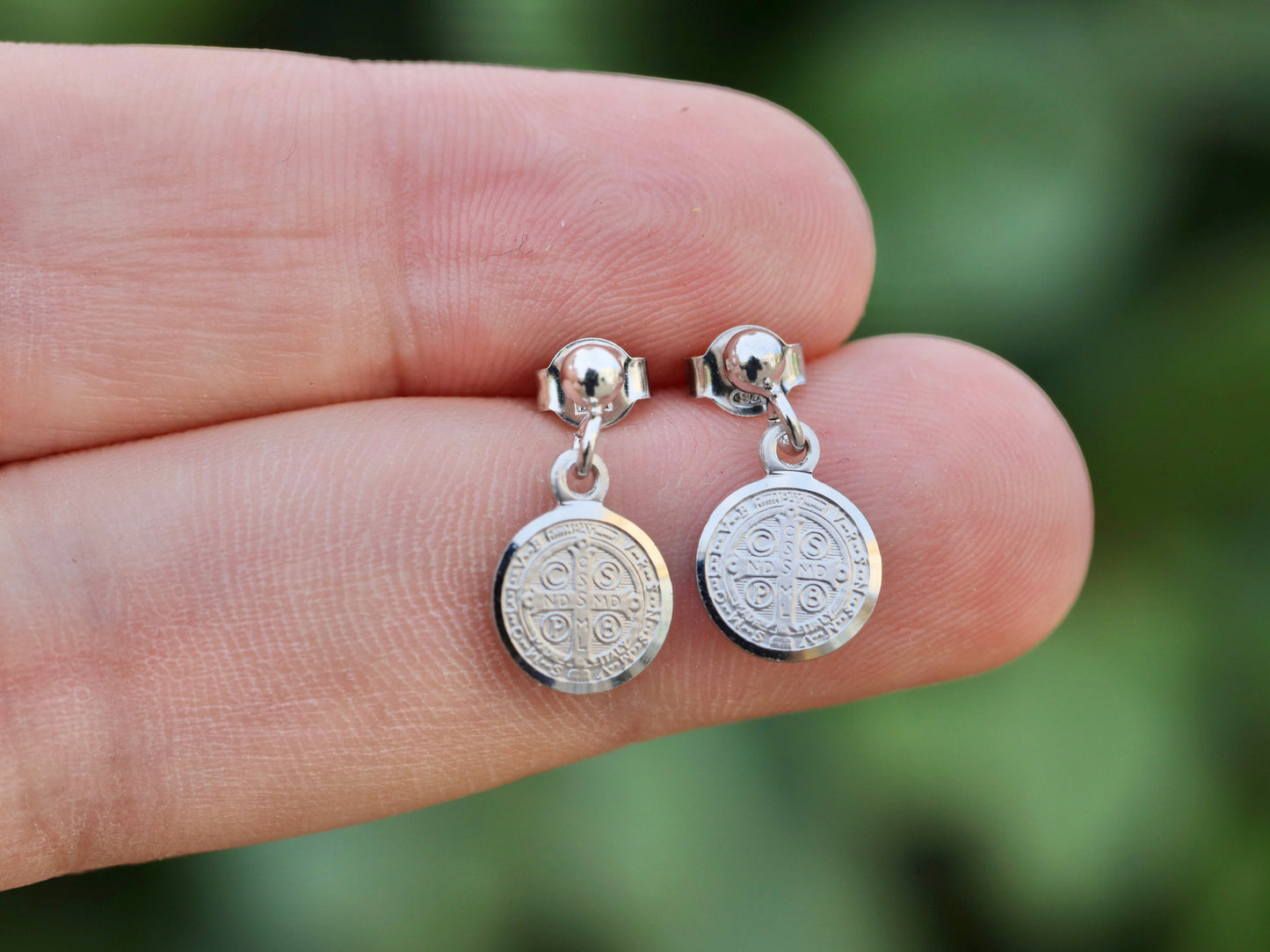 Dainty Saint Benedict earrings, sterling silver earrings for teenage , catholic medal earrings, St Benedict cross earrings, gift for baptism