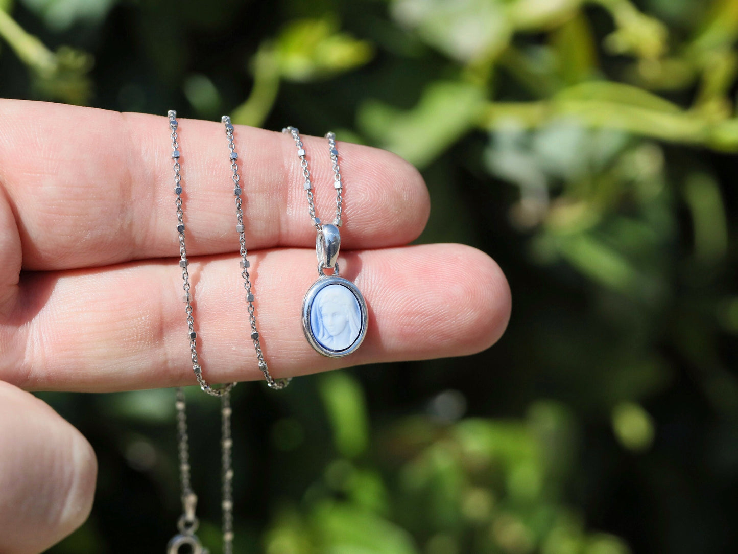 Medjugorje medal, miniature medal of Queen of Pece, sterling silver miniature cameo medal, Virgin Mary dainty necklace, minimalist pendant