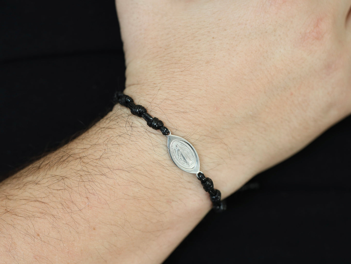 Pulsera Medalla Milagrosa, pulsera rosario, pulsera rosario plata de ley 935, pulsera rosario para hombre, pulsera rosario hecha a mano cordón encerado