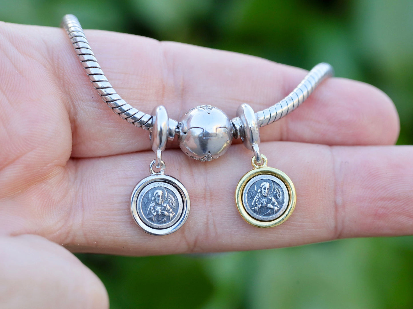 Encanto de cuentas escapulares compatibles con Pandora de plata de primera ley, colgante escapulario marrón similar a pandora, colgante escapulario de plata de dos tonos para bracalet