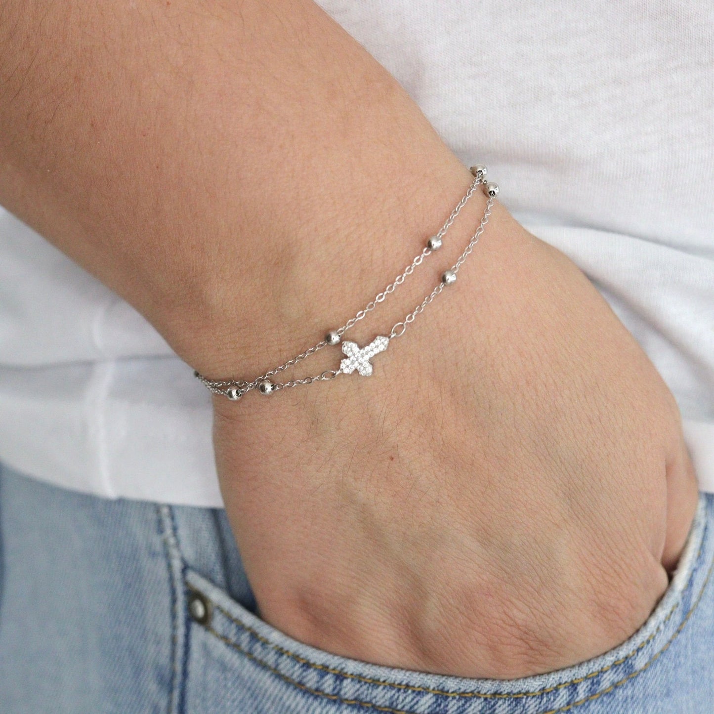 Pulsera con cruz pequeña |Cruz de plata de ley|Pulsera con cruz moderna |Pulsera con cruz de circonitas | pulsera cruzada de joyería