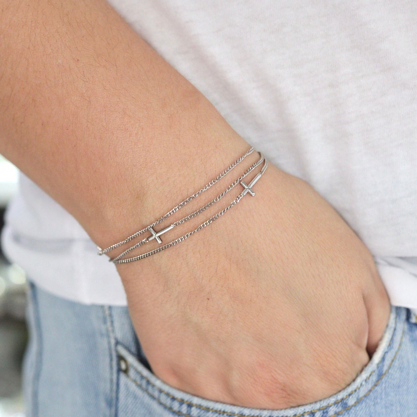 Pulsera cruzada delicada, pulsera de plata de ley 925, pulsera delicada para adolescente católica, pulsera cruzada triple estilo minimalista