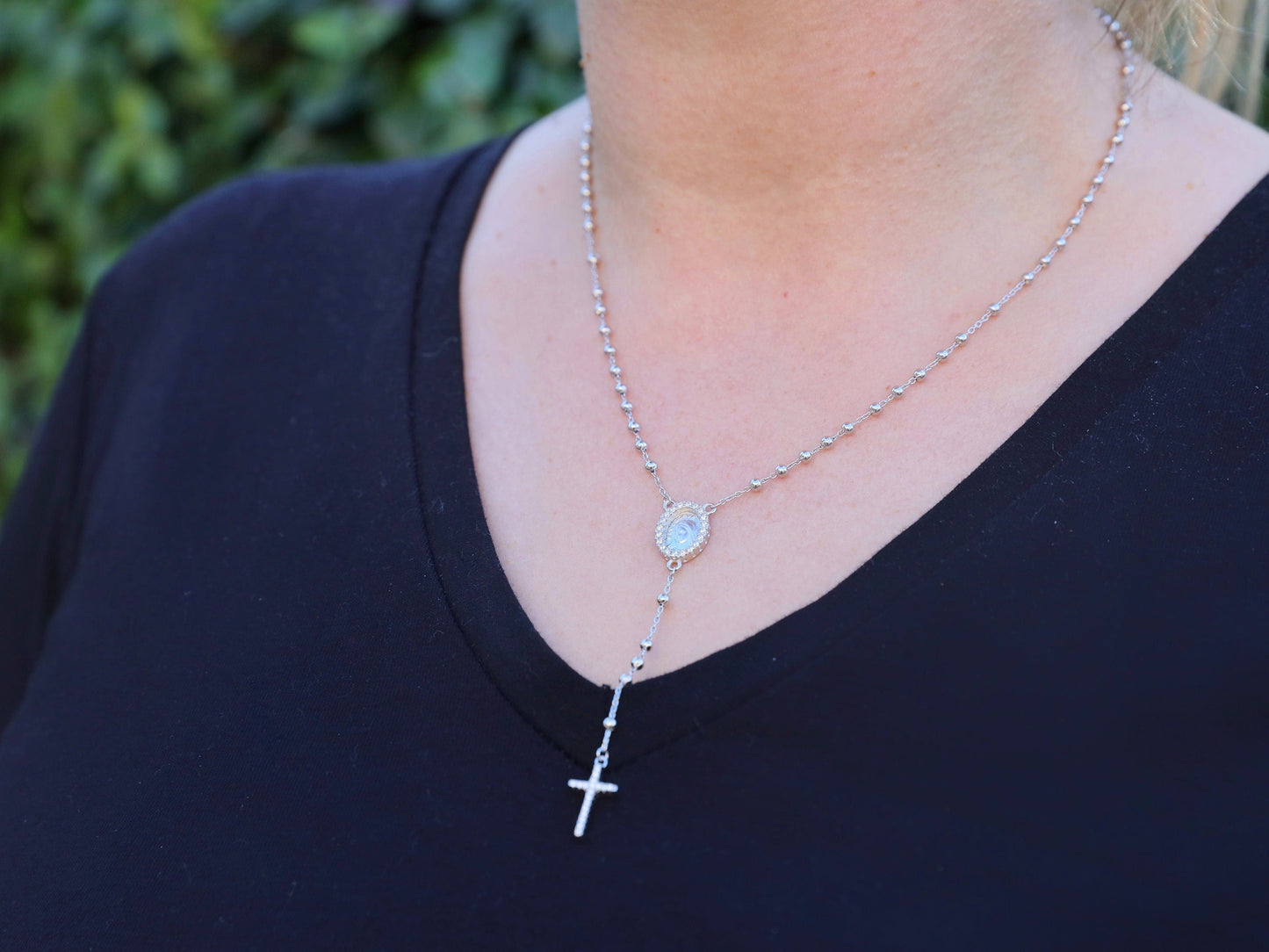 Collar de rosario, collar de plata de ley 925, collar de rosario con piedra, collar de rosario de plata para mujer, collar de rosario en miniatura de Nuestra Señora