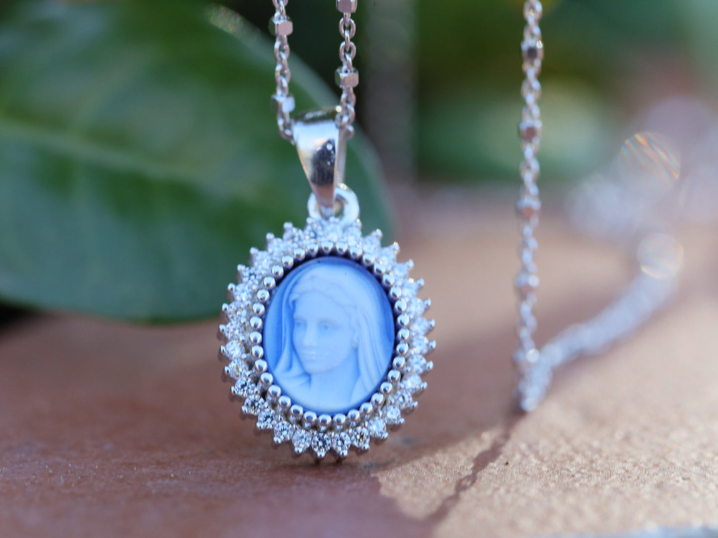 Medjugorje cameo medal, sterling silver 925, Queen of Peace charm, Virgin Mary necklace with stones, cubic zirconium miniature pendant